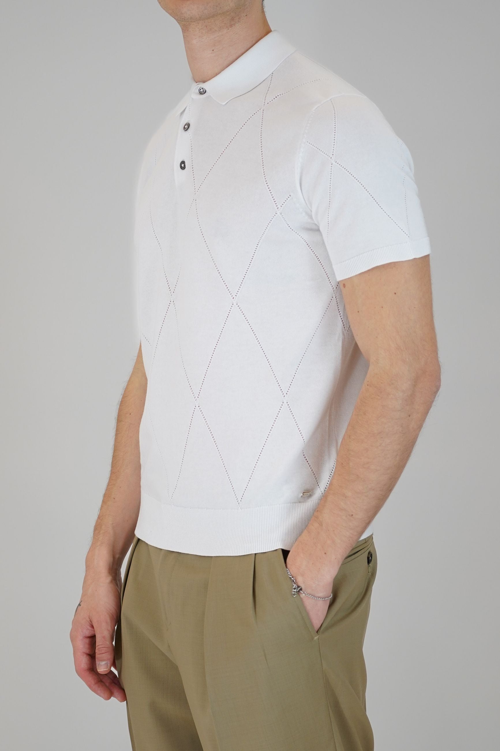 Polo in Maglia Manica Corta Traforata con Fantasia a Rombo