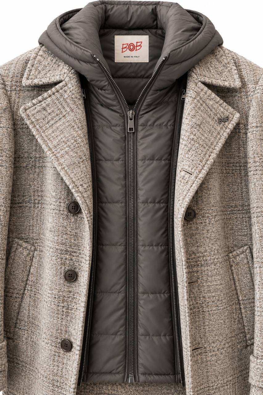Pea Coat Uomo Doppiopetto con Pettorina e Cappuccio Removibile