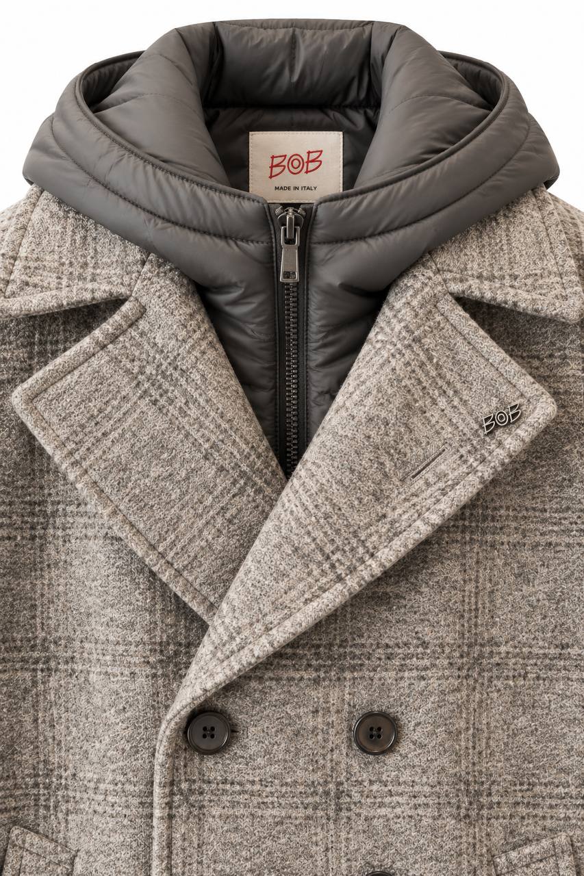 Pea Coat Uomo Doppiopetto con Pettorina e Cappuccio Removibile