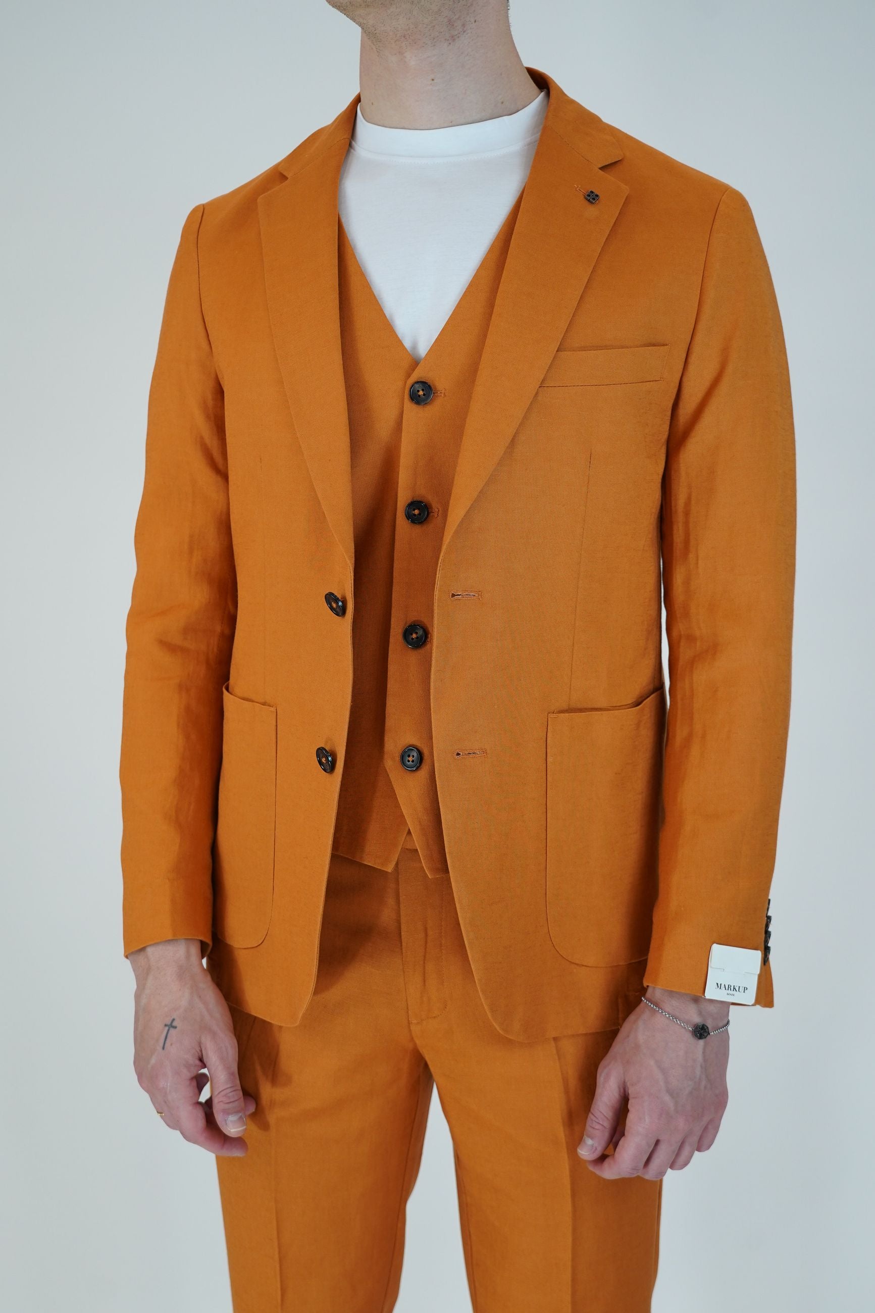 Gilet Monopetto in Lino e Rayon con 5 Bottoni e Laccetto Regolabile