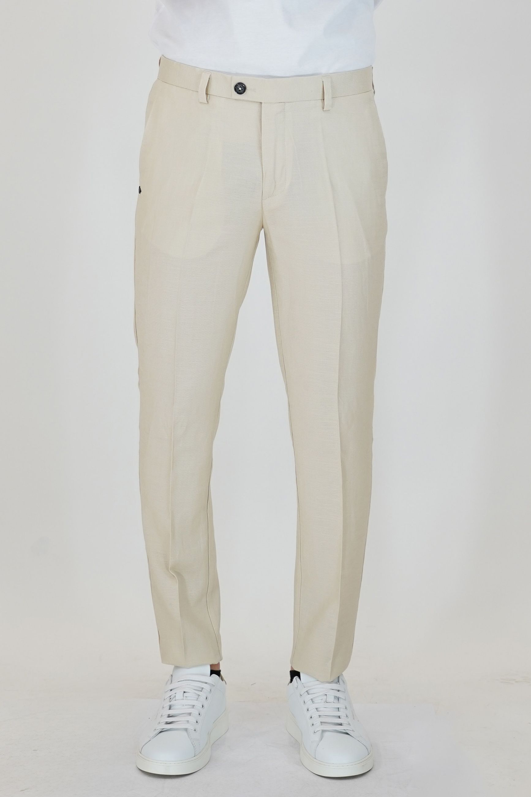 Pantaloni con Tasche America e Tasche Posteriori a Filo in Lino e Viscosa