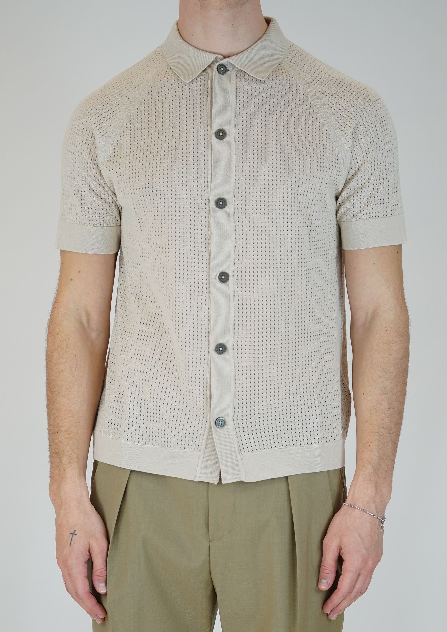 Polo Cardigan in Maglia a Manica Corta con Bottoni in Madreperla