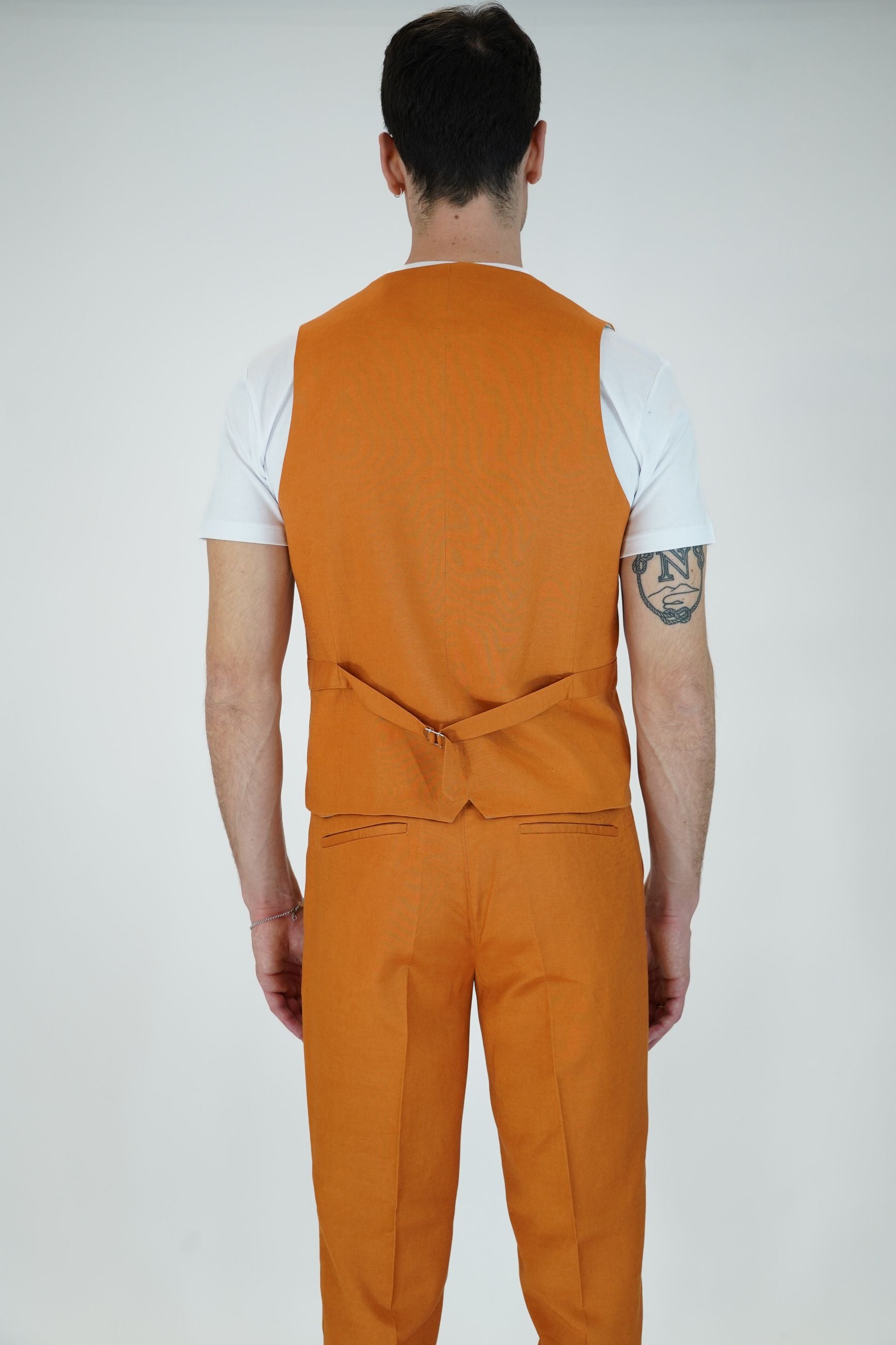 Gilet Monopetto in Lino e Rayon con 5 Bottoni e Laccetto Regolabile