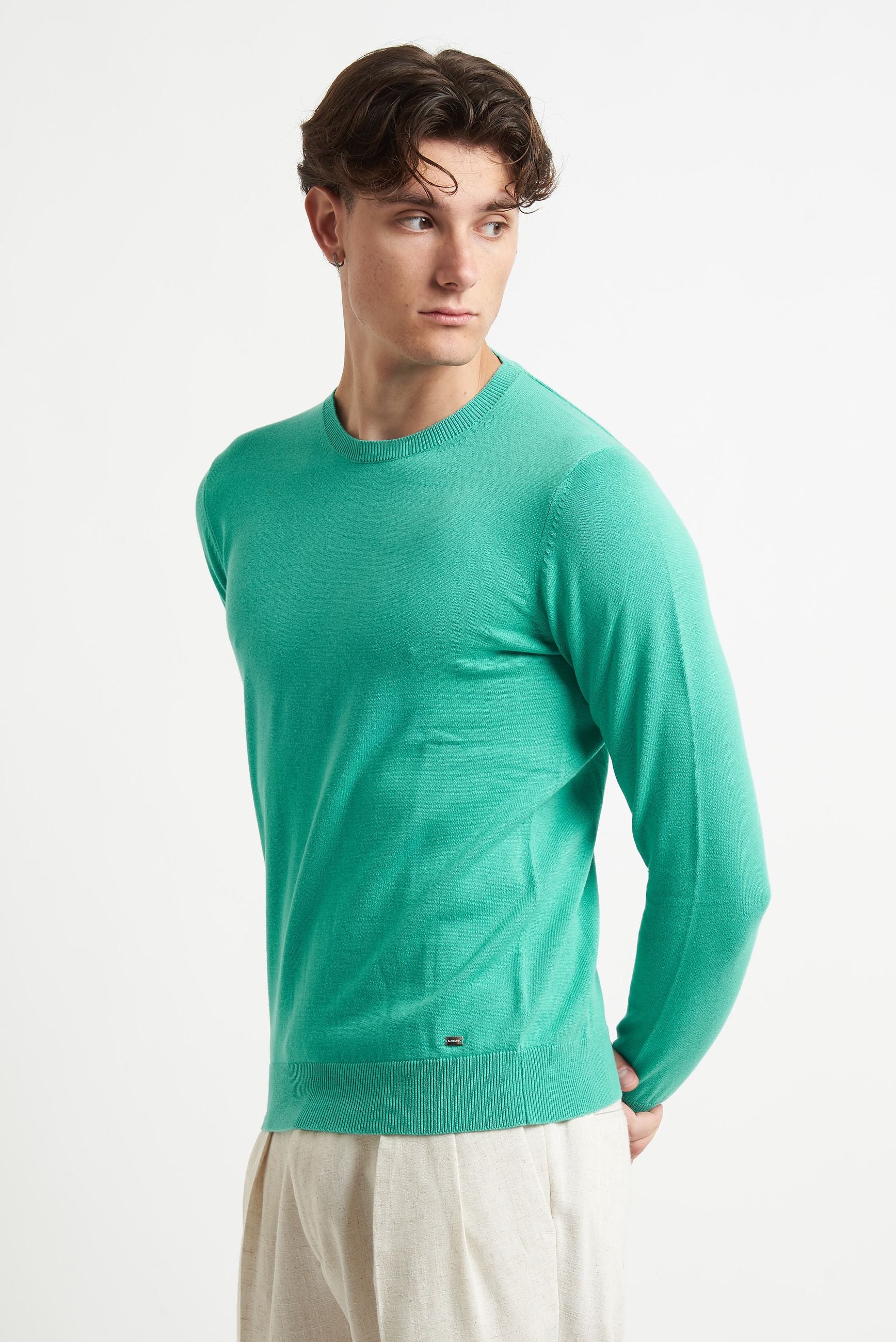 Maglia Girocollo Basic in Cotone con Fondo e Polsi Elasticizzati