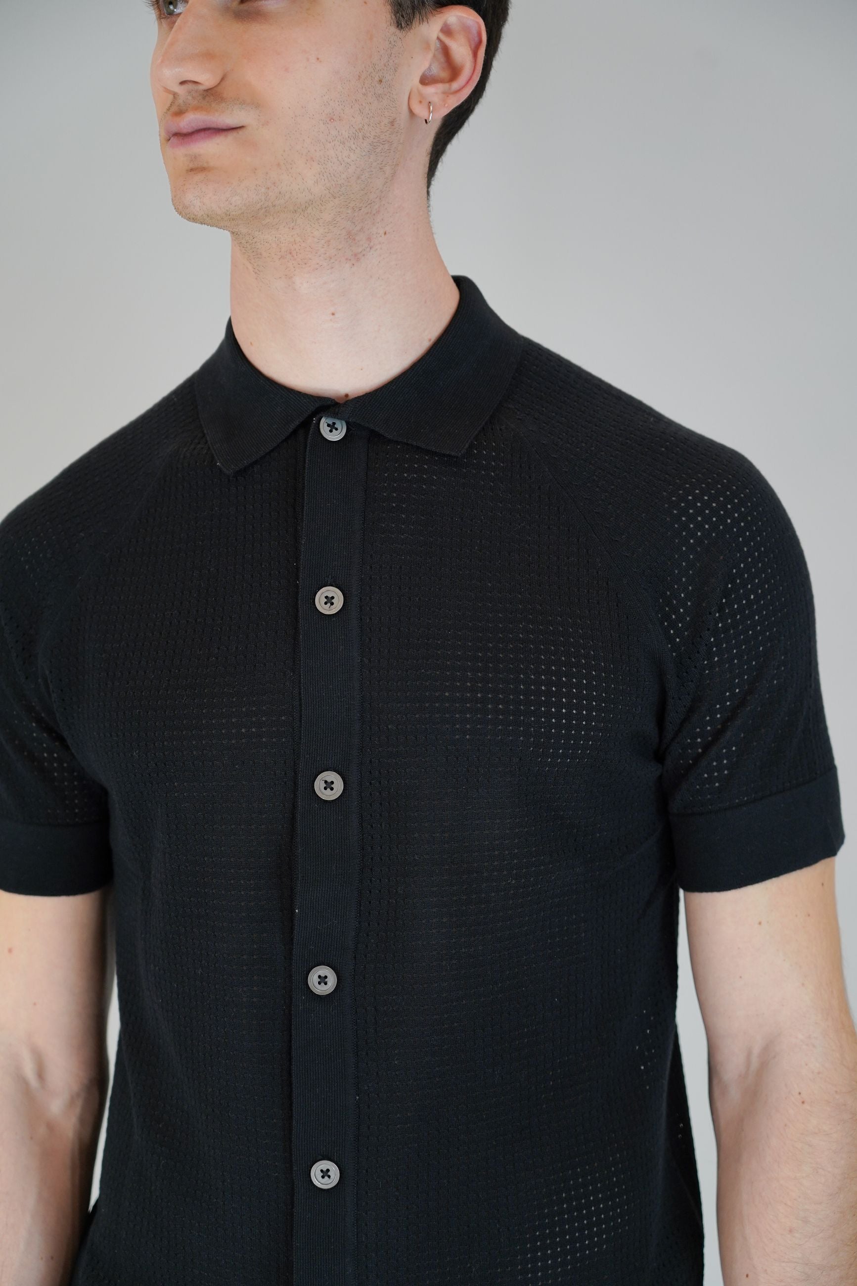 Polo Cardigan in Maglia a Manica Corta con Bottoni in Madreperla