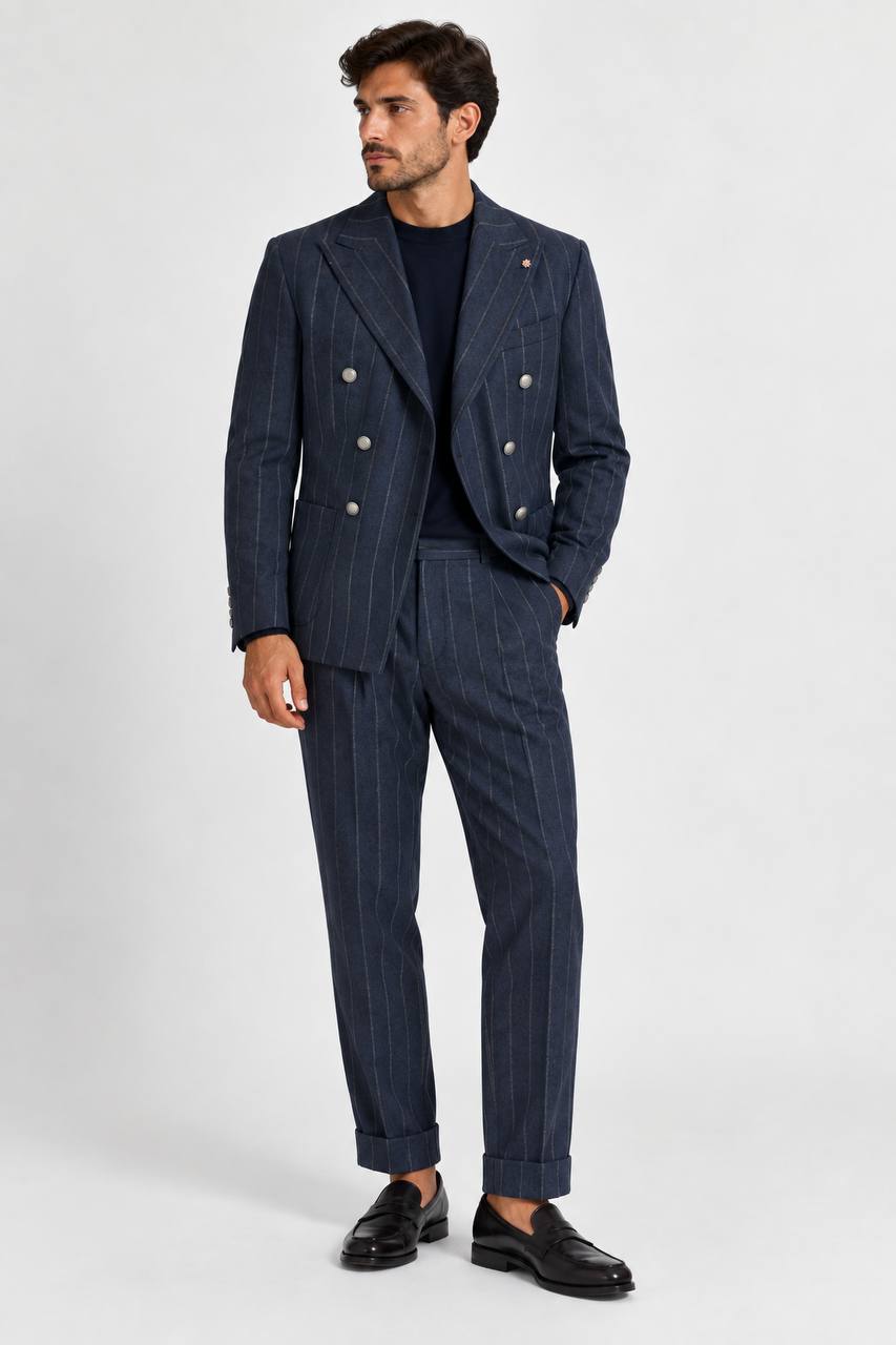 Abito Uomo Doppiopetto Gessato con Tasche a Toppa - De Matteo Uomo
