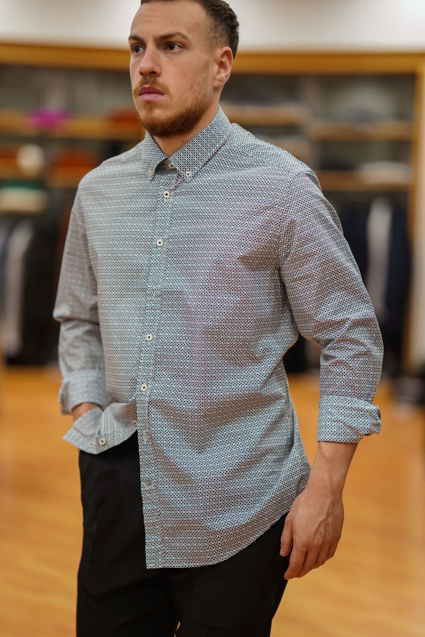 bugatti Camicia Uomo Micro - Fantasia con Collo ButtonDown 58908a - De Matteo Uomo