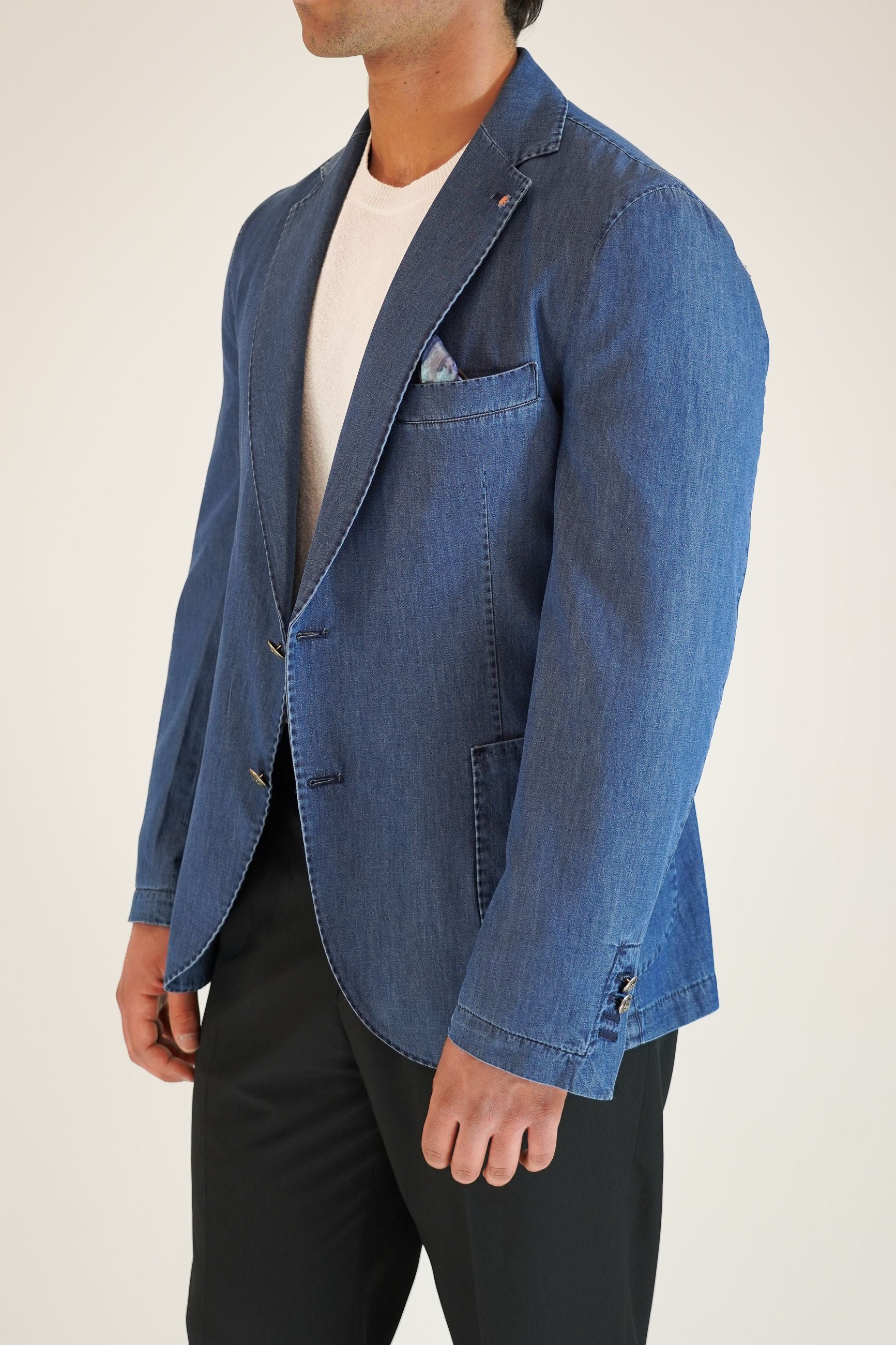 Giacca Monopetto in Cotone Effetto Jeans con 2 Bottoni e Rever Classico
