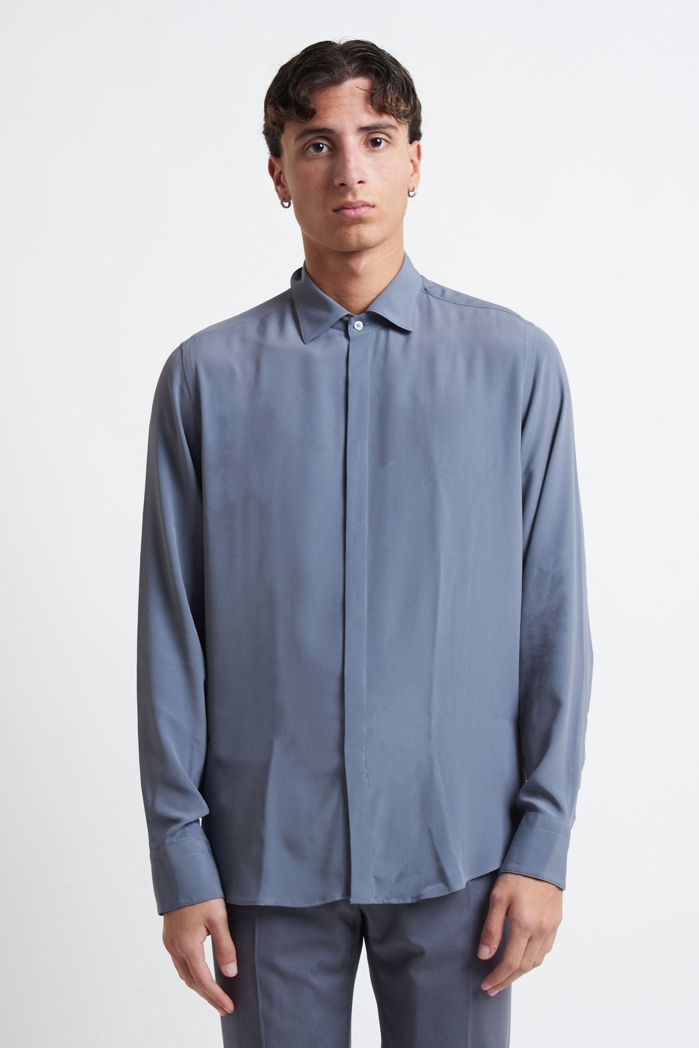 Camicia Basic Morbida in Misto Seta con Collo Italiano E650XS - De Matteo Uomo
