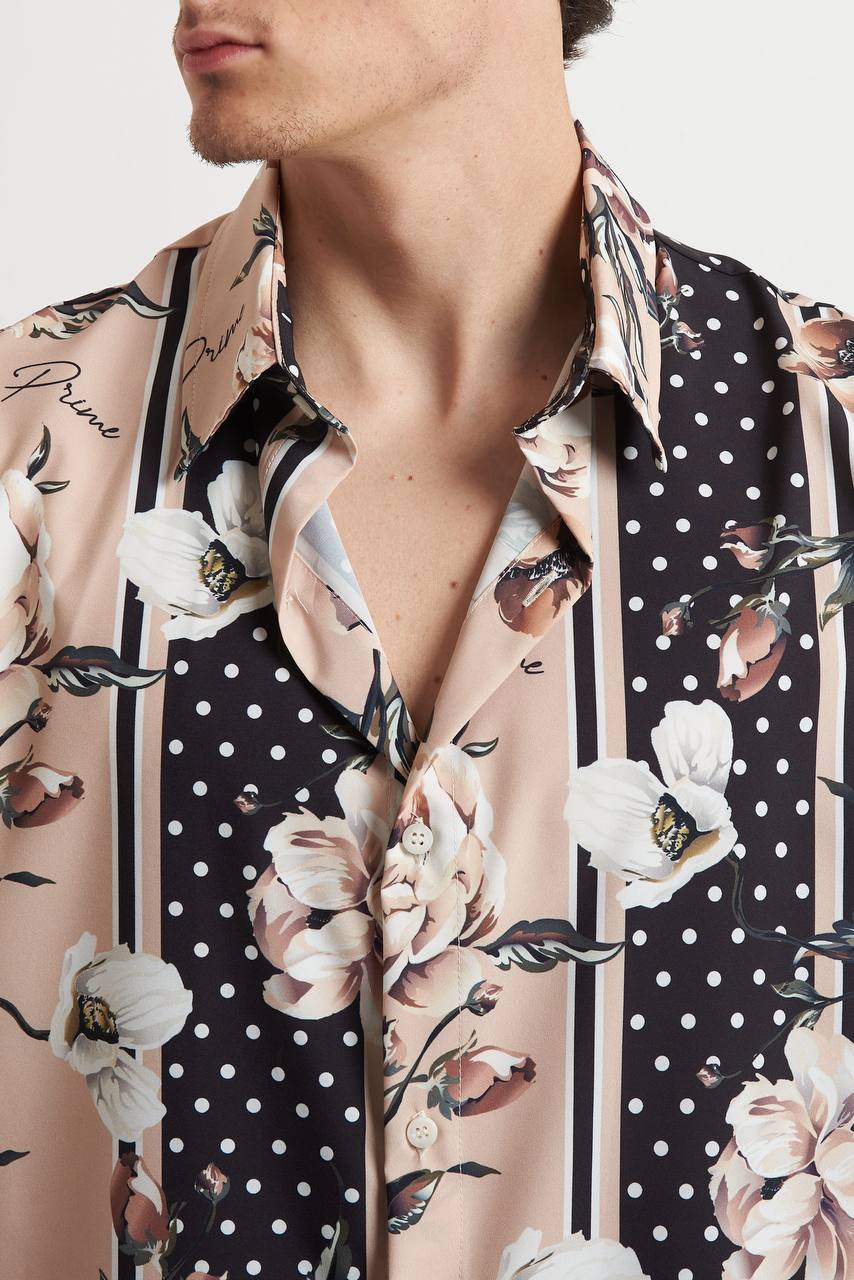 Camicia con Collo Italiano a Mezza Manica con Fantasia su Fondo Beige - De Matteo Uomo