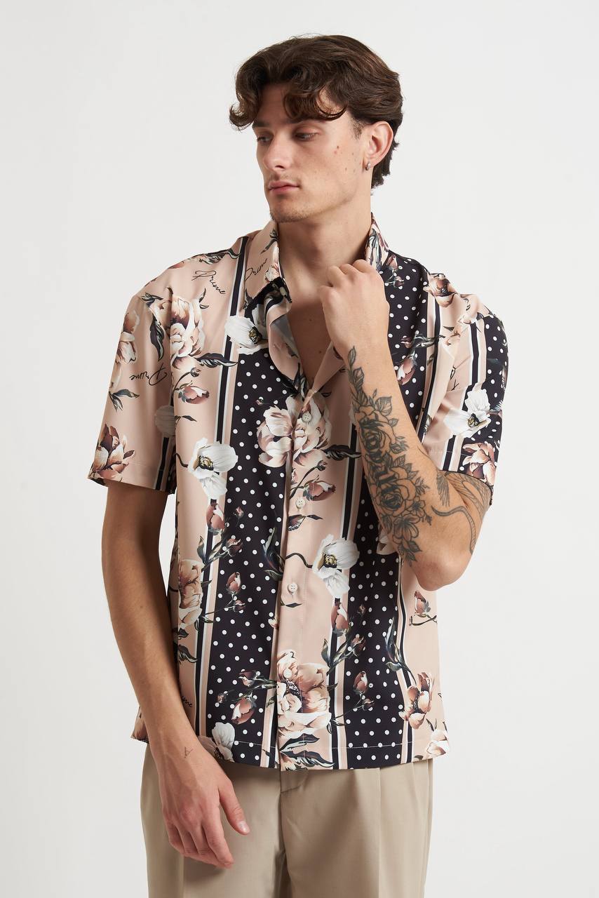 Camicia con Collo Italiano a Mezza Manica con Fantasia su Fondo Beige - De Matteo Uomo