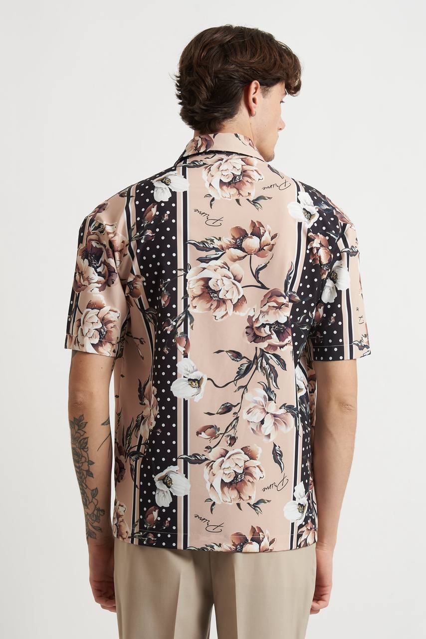 Camicia con Collo Italiano a Mezza Manica con Fantasia su Fondo Beige - De Matteo Uomo
