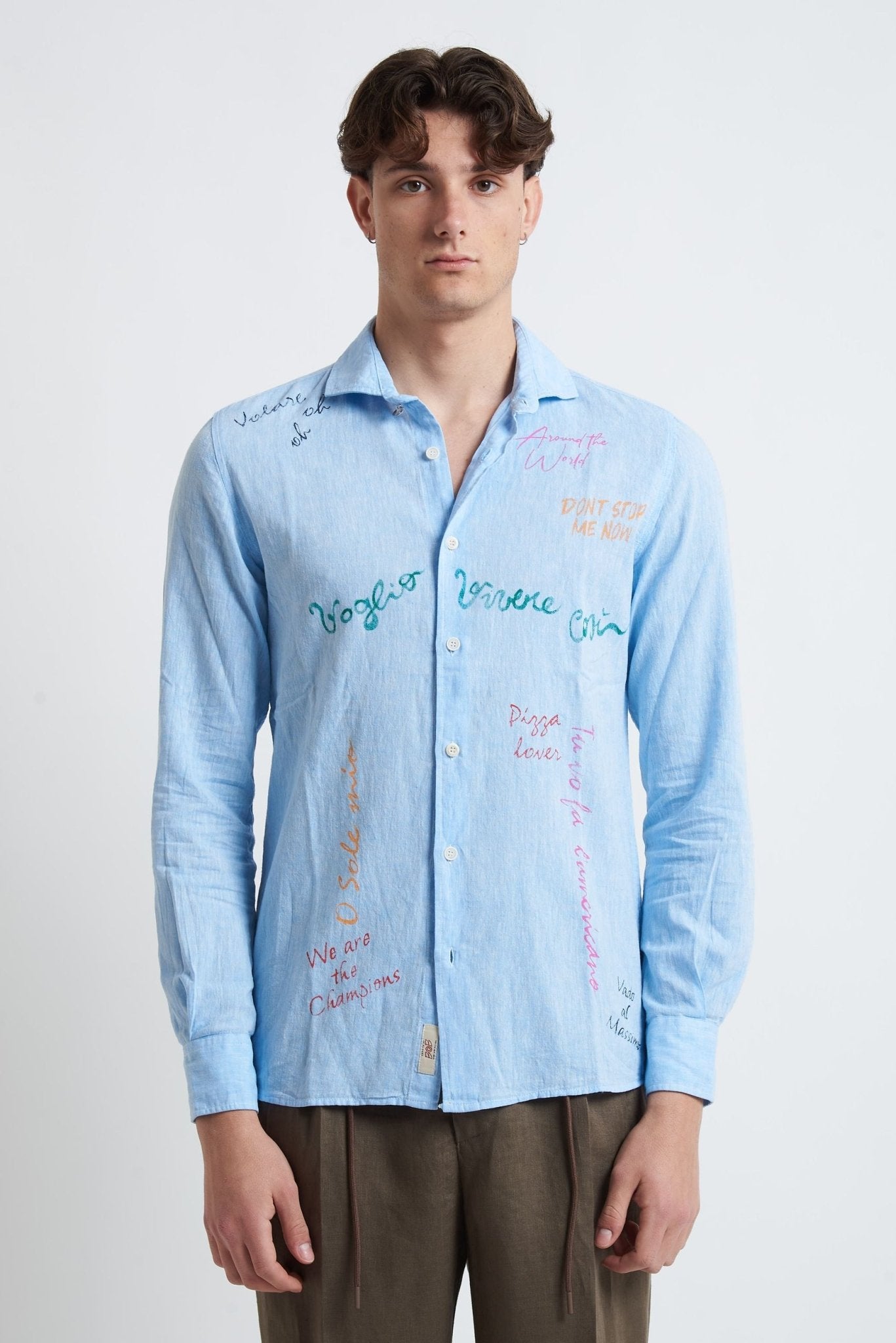 Camicia in Lino e Cotone Dipinta a Mano con Collo Classico - De Matteo Uomo