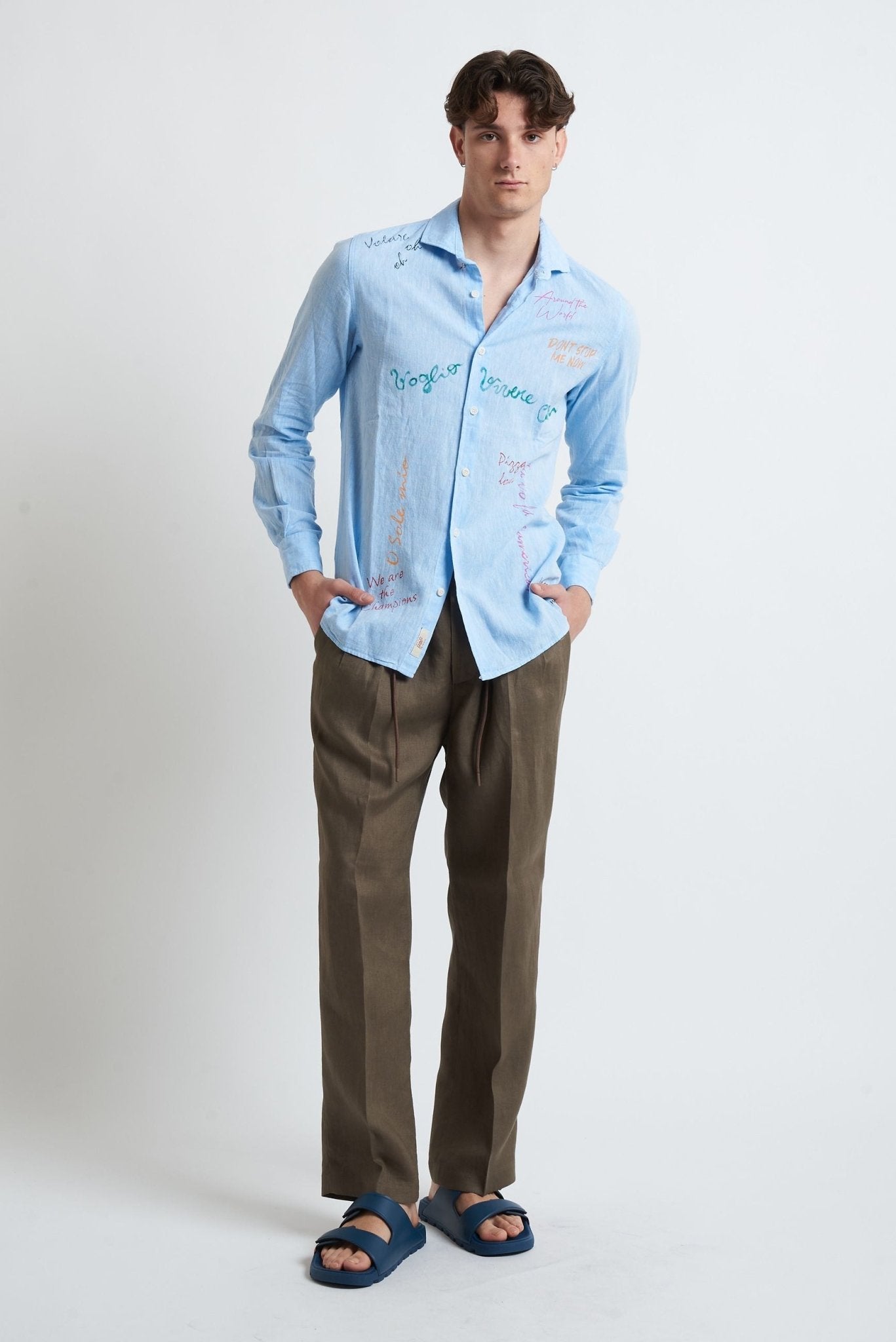 Camicia in Lino e Cotone Dipinta a Mano con Collo Classico - De Matteo Uomo