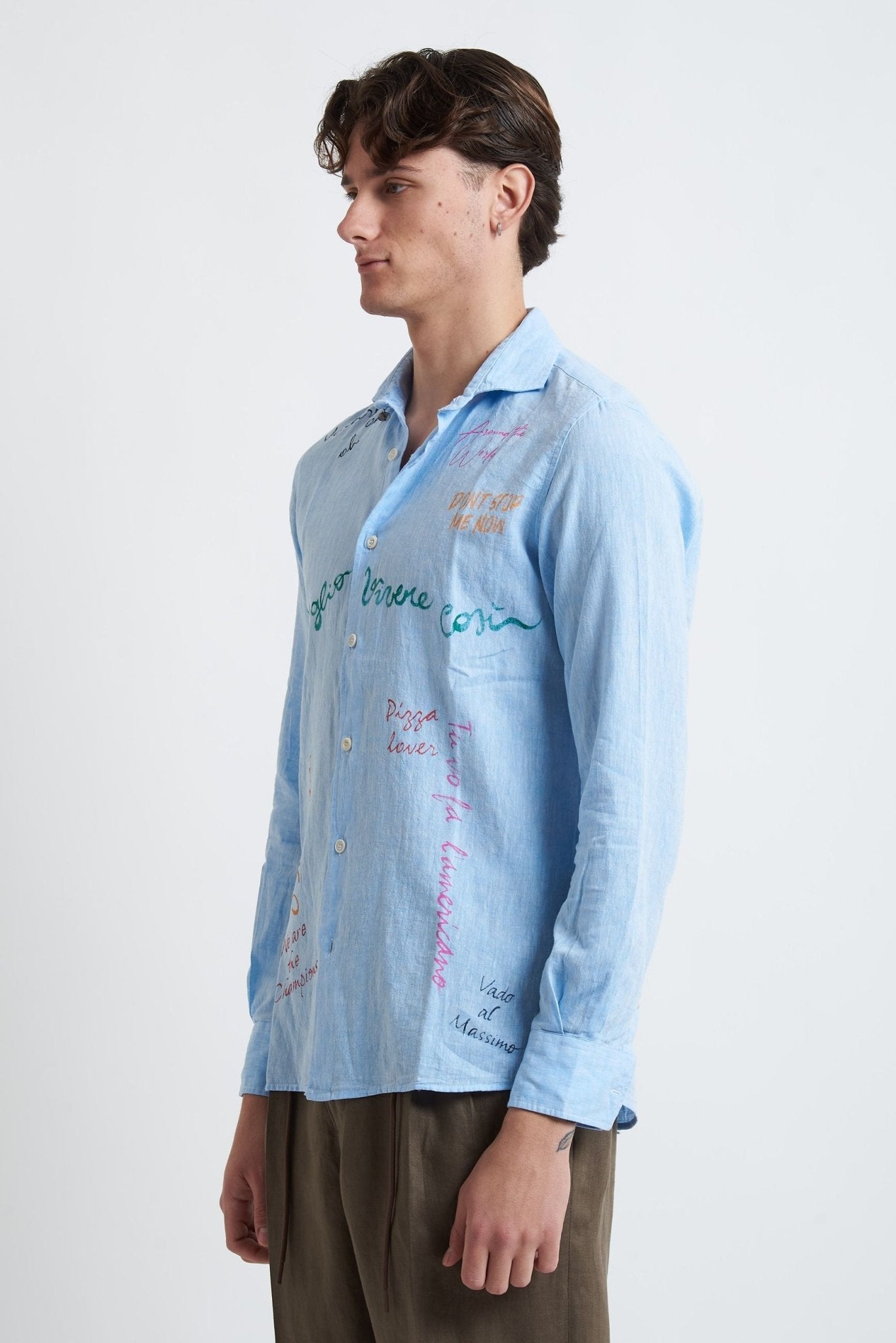 Camicia in Lino e Cotone Dipinta a Mano con Collo Classico - De Matteo Uomo
