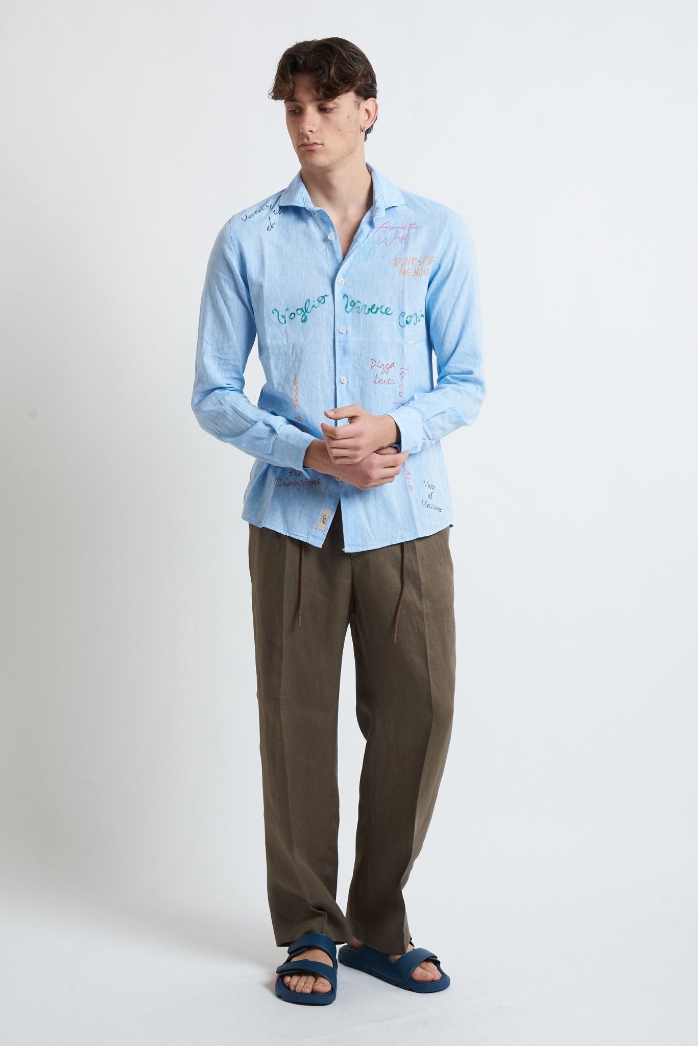 Camicia in Lino e Cotone Dipinta a Mano con Collo Classico - De Matteo Uomo