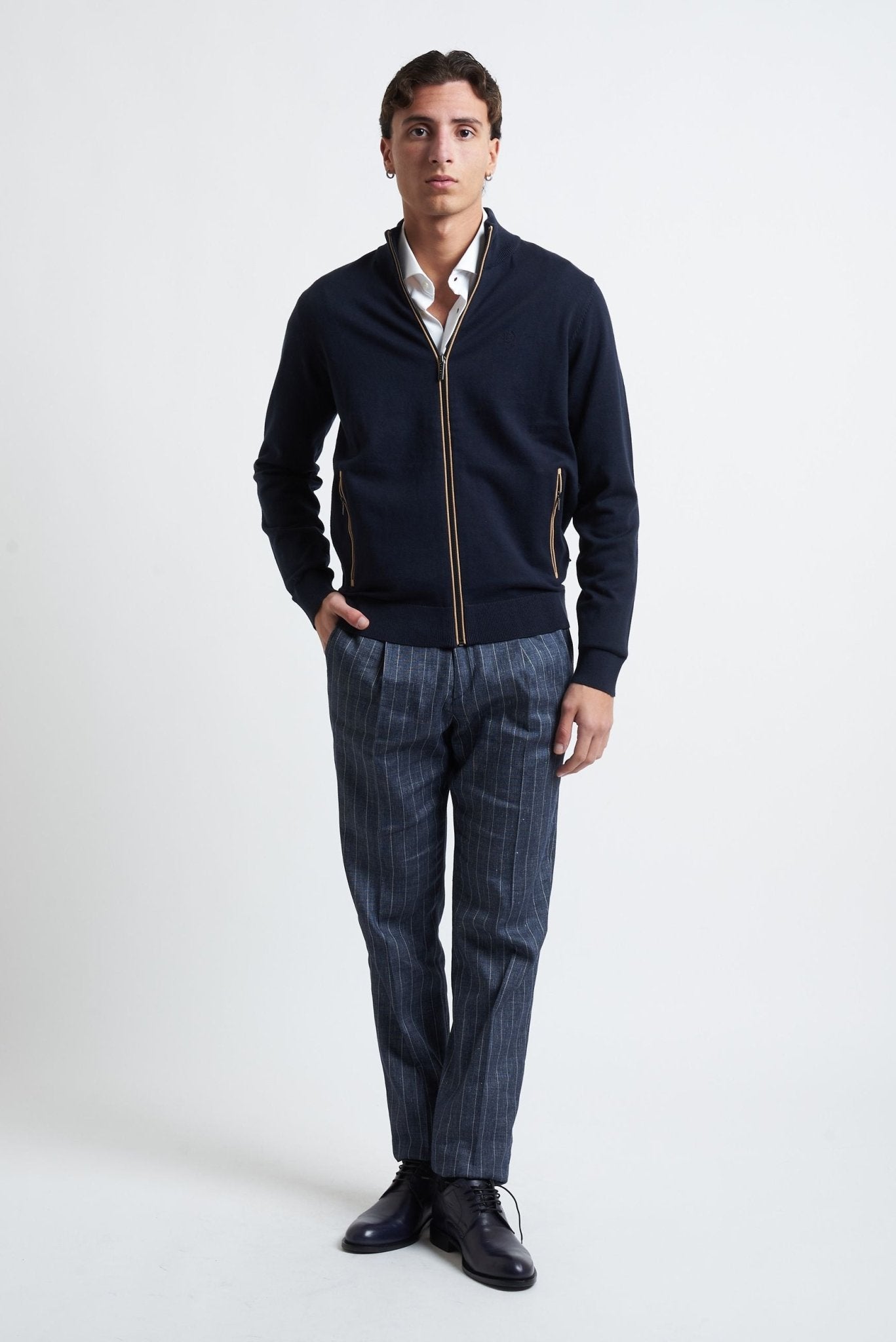 Cardigan Basic con Cerniera e Intarsi Beige in Cotone - De Matteo Uomo