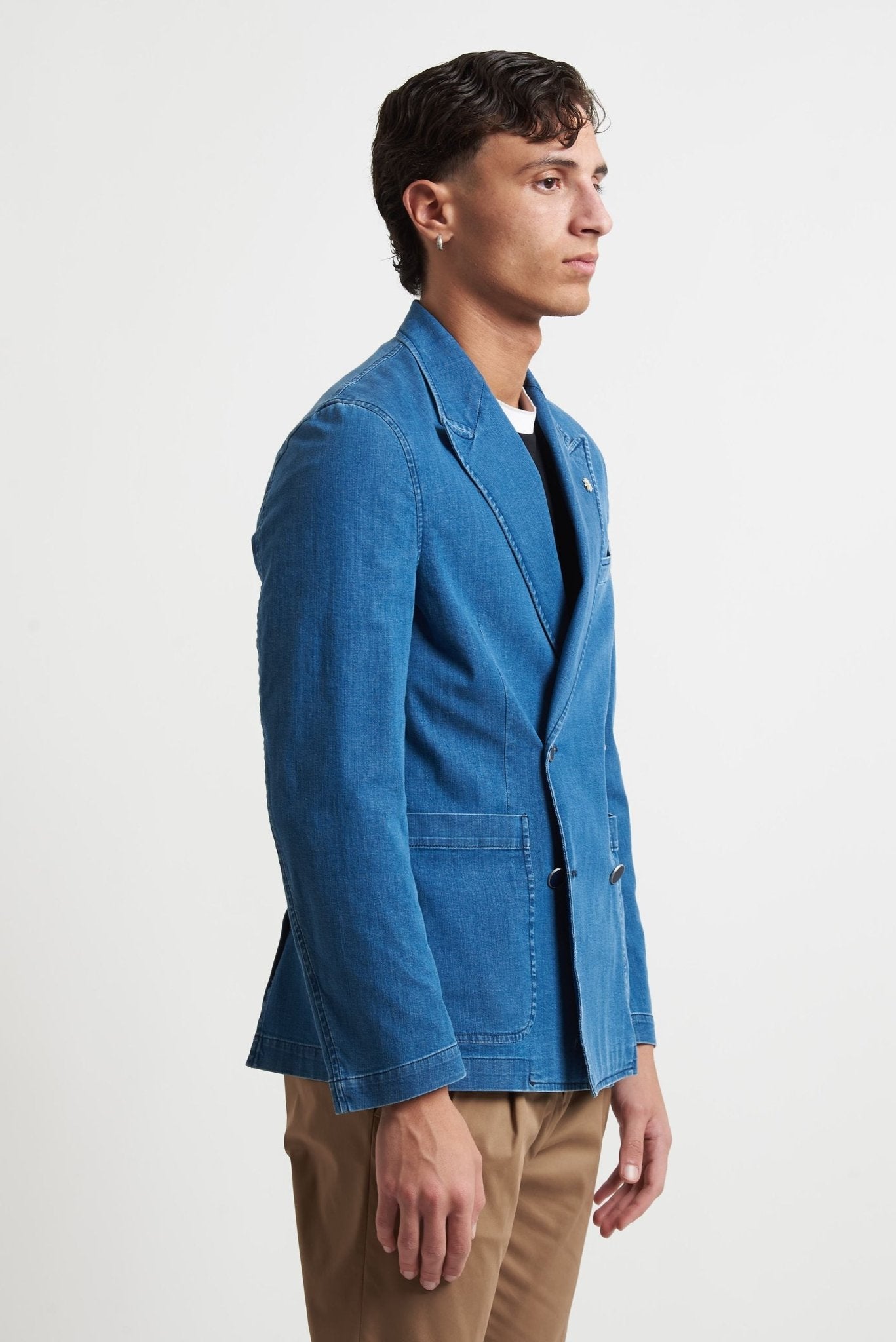 Giacca Doppiopetto in Denim con Rever a Lancia e Tasche a Toppa g2708l2 - De Matteo Uomo