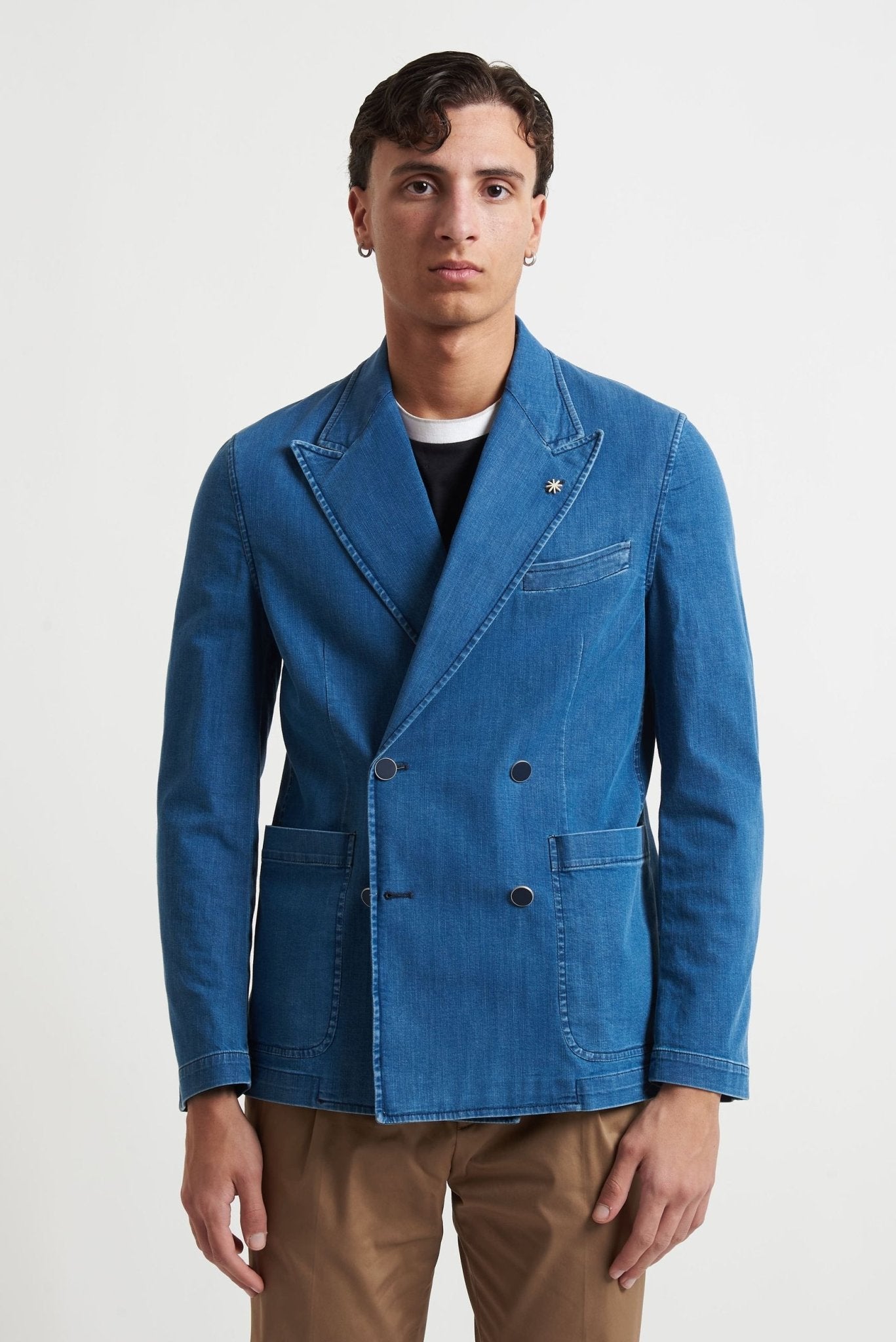 Giacca Doppiopetto in Denim con Rever a Lancia e Tasche a Toppa g2708l2 - De Matteo Uomo