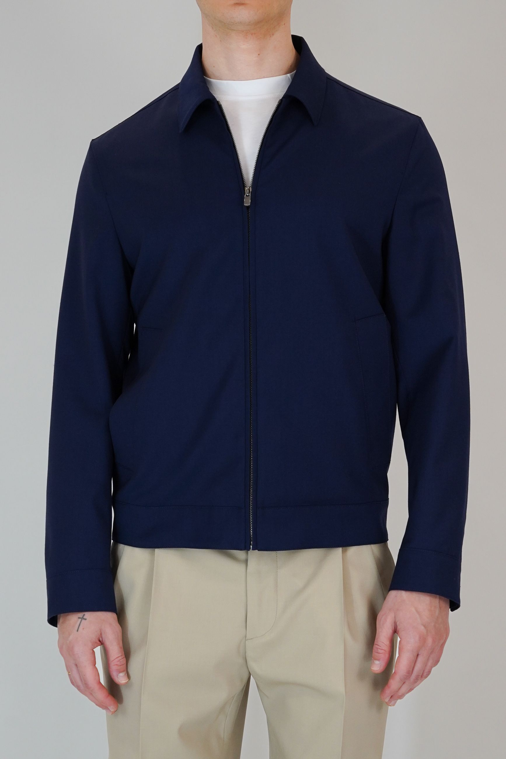 Giubbino Semifoderato in Lana Stretch con Collo Camicia e Chiusura Zip