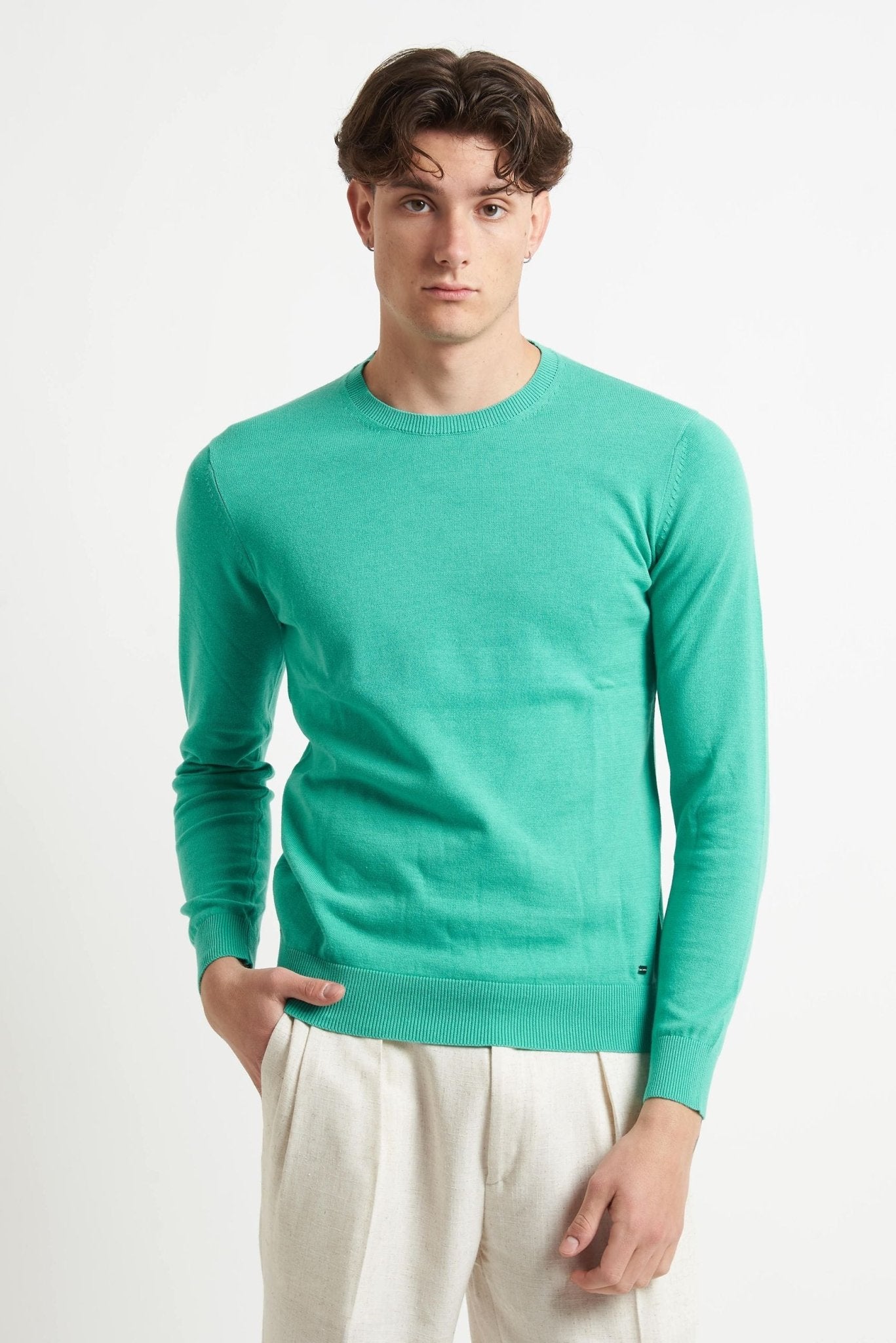 Maglia Girocollo Basic in Cotone con Fondo e Polsi Elasticizzati - De Matteo Uomo