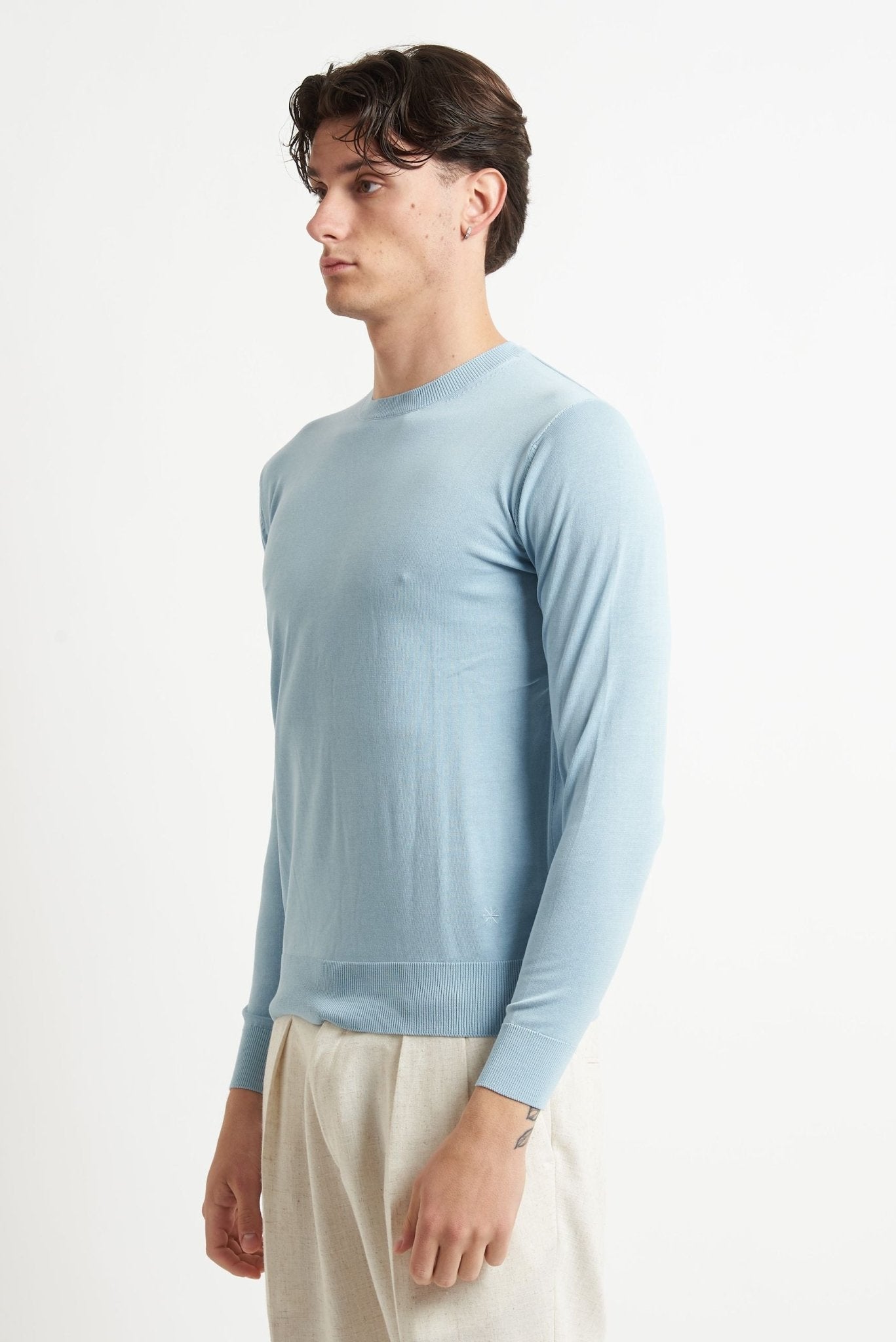 Maglia Girocollo Manica Lunga in Cotone con Polsi e Fondo Elasticizzati - De Matteo Uomo