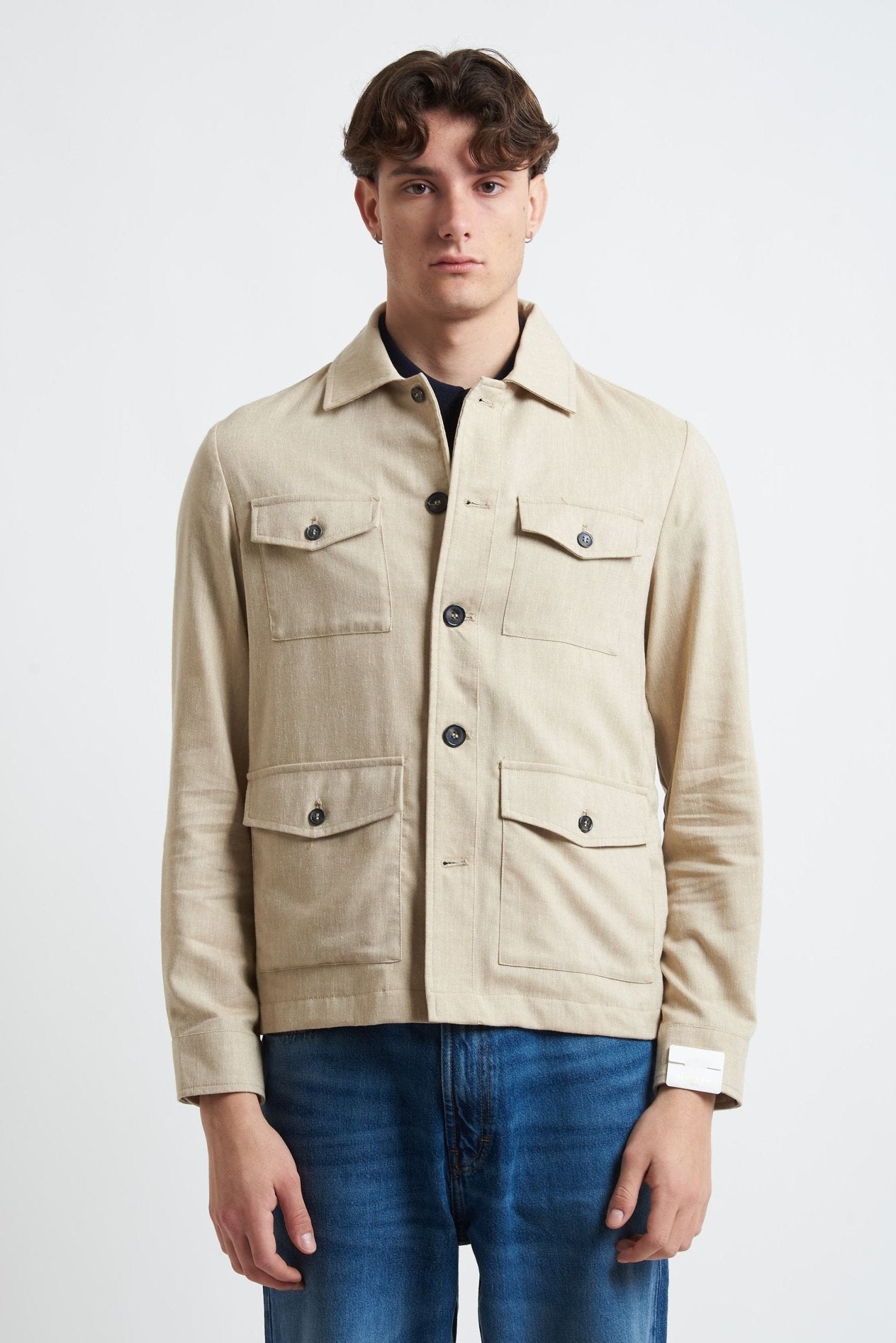 Overshirt con Tasconi e Chiusura a Bottoni in Tessuto Grisaglia - De Matteo Uomo