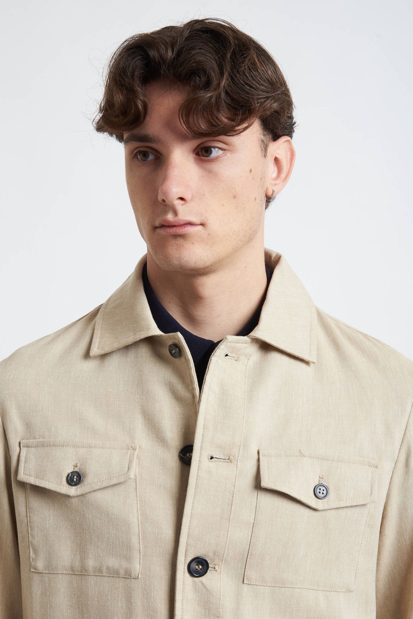 Overshirt con Tasconi e Chiusura a Bottoni in Tessuto Grisaglia - De Matteo Uomo