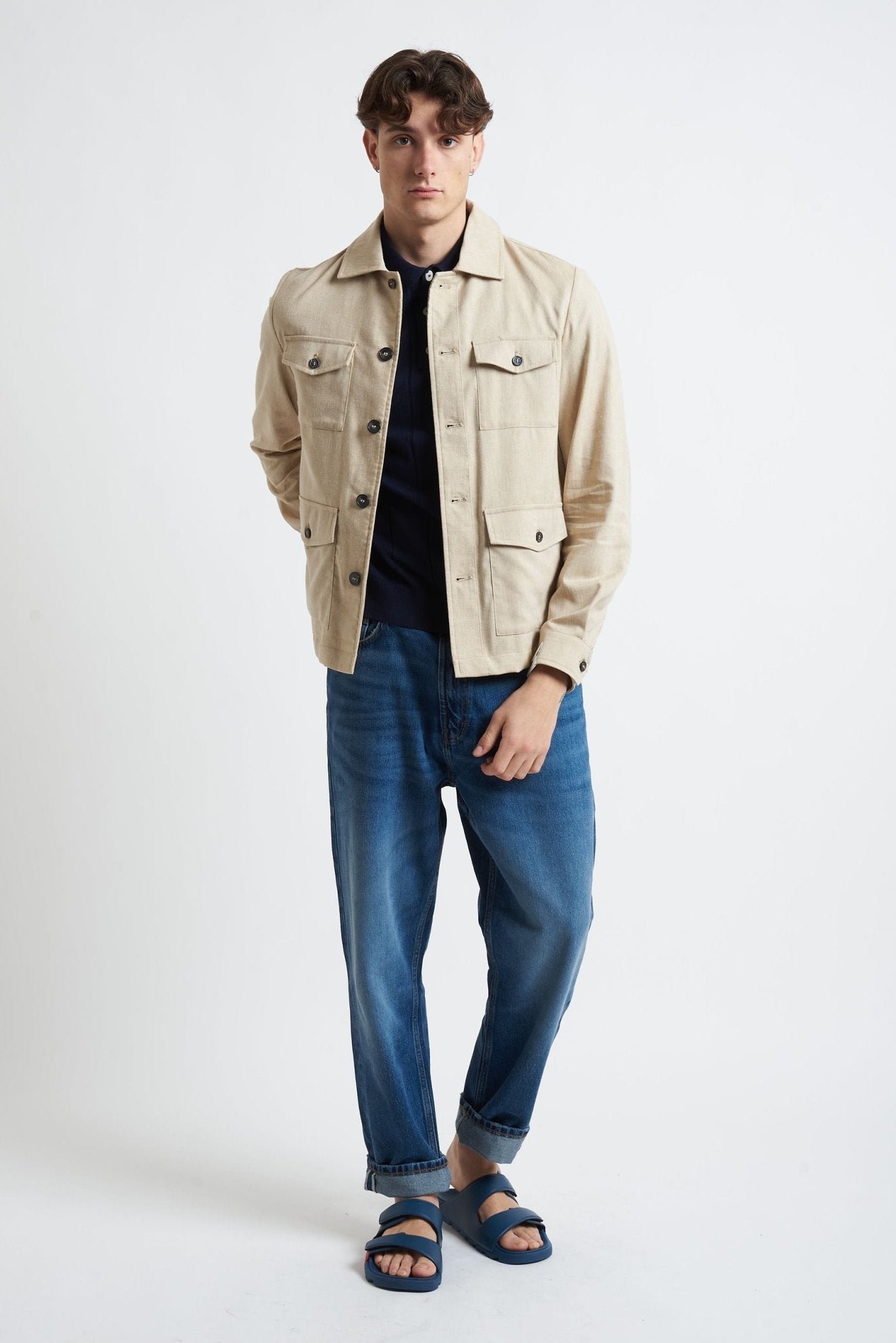Overshirt con Tasconi e Chiusura a Bottoni in Tessuto Grisaglia - De Matteo Uomo