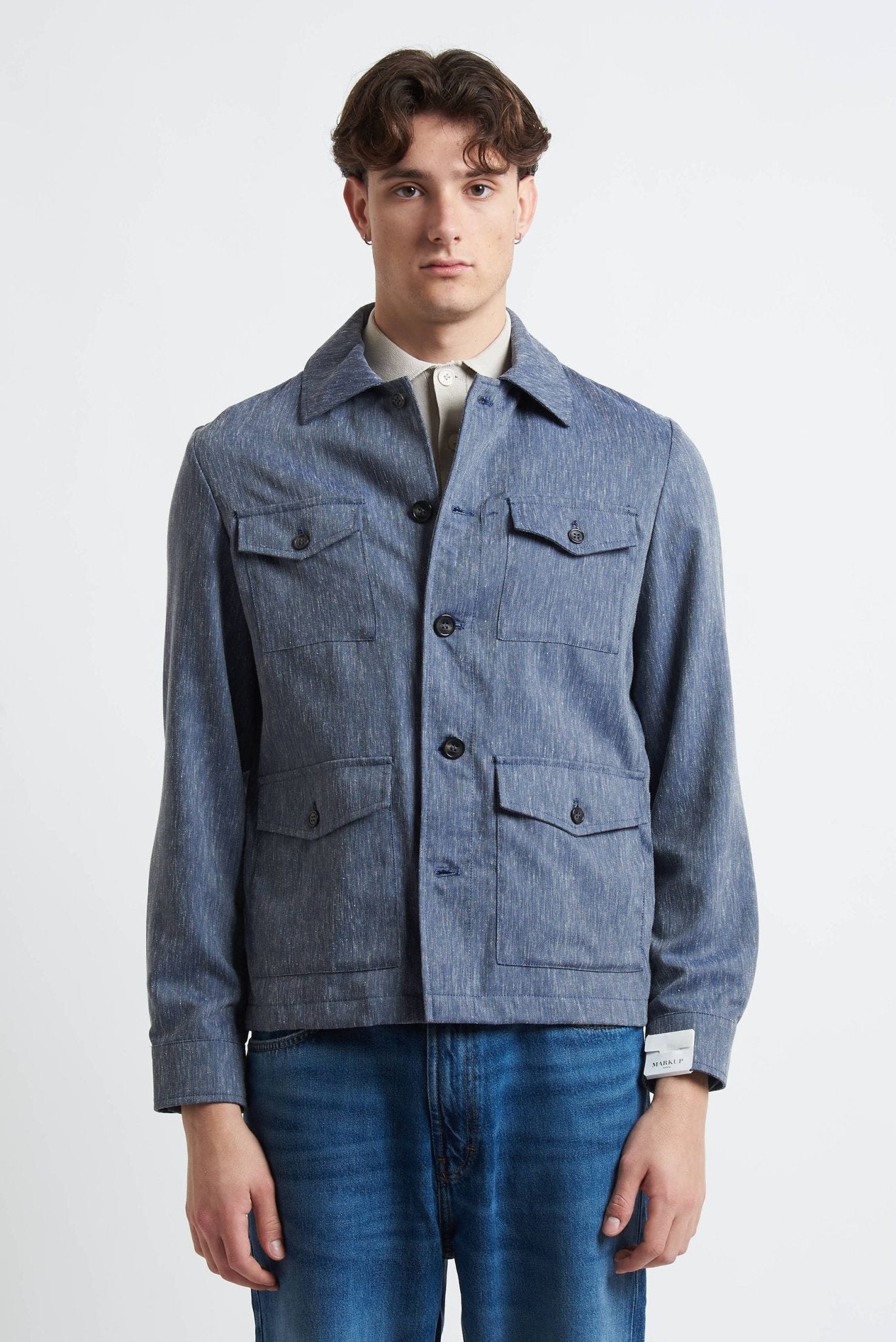 Overshirt con Tasconi e Chiusura a Bottoni in Tessuto Grisaglia - De Matteo Uomo