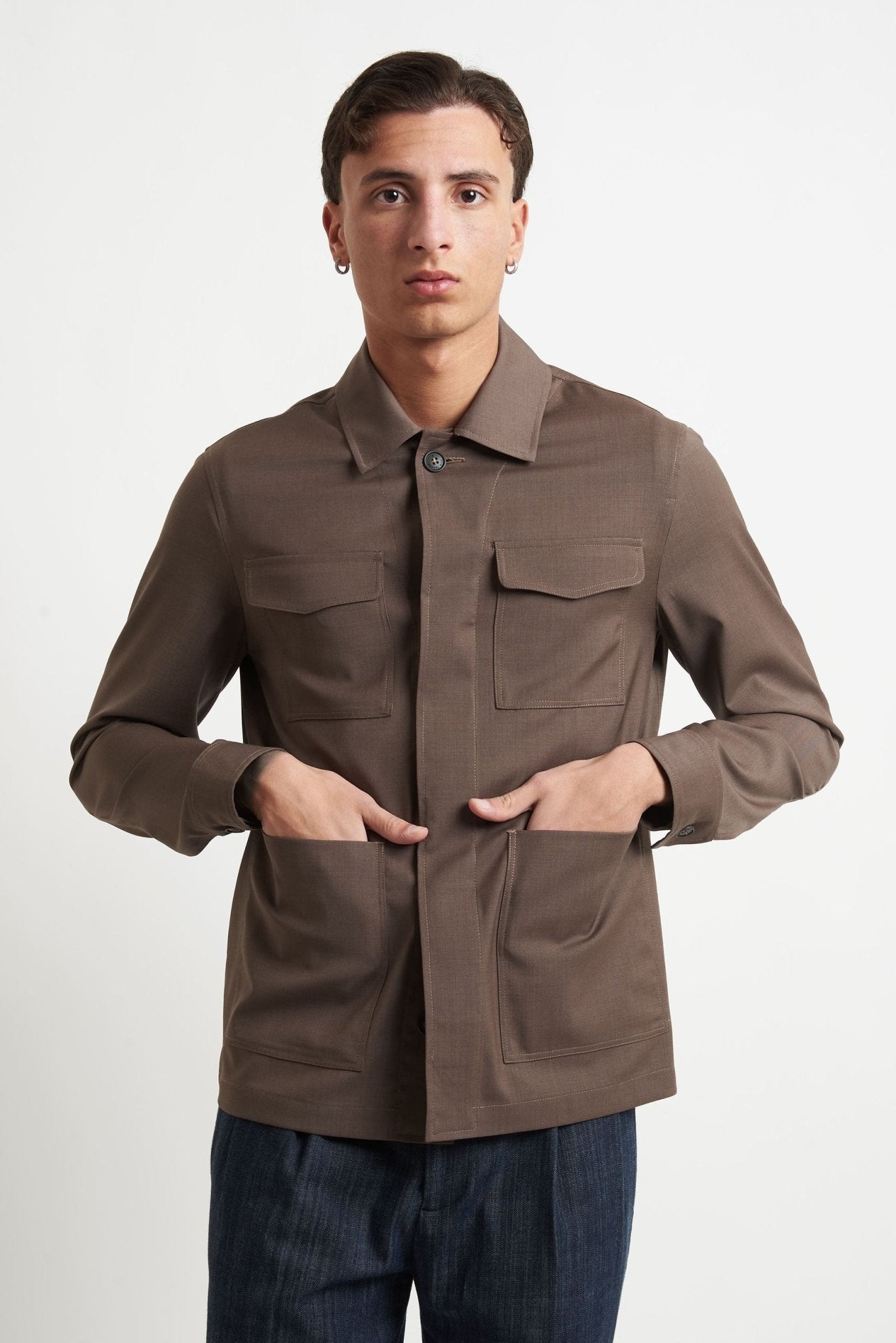 Overshirt in Fresco Lana con Tasconi e Collo Camicia g2558 - De Matteo Uomo