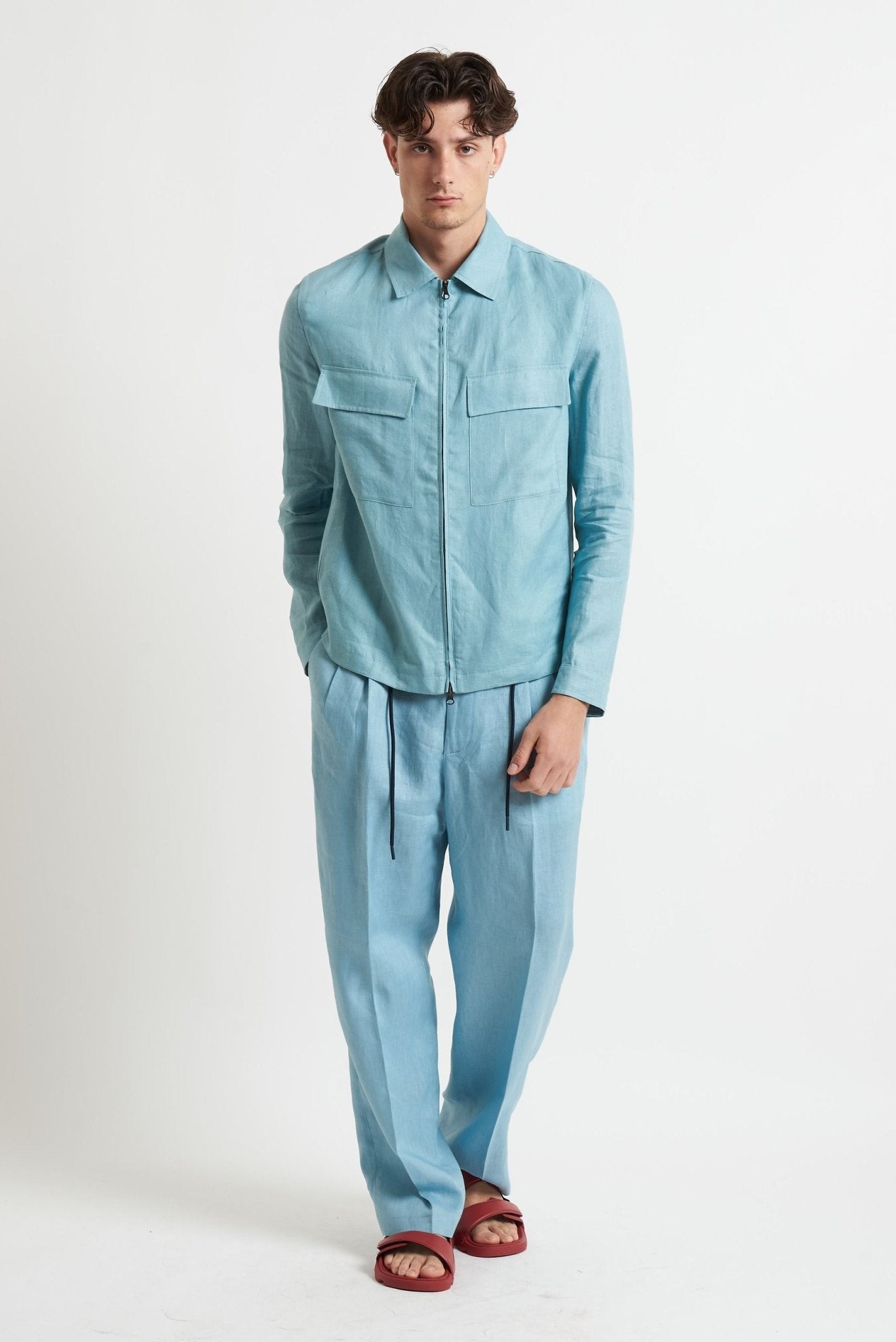 Overshirt in Lino con Cerniera e Tasconi h8407 - De Matteo Uomo