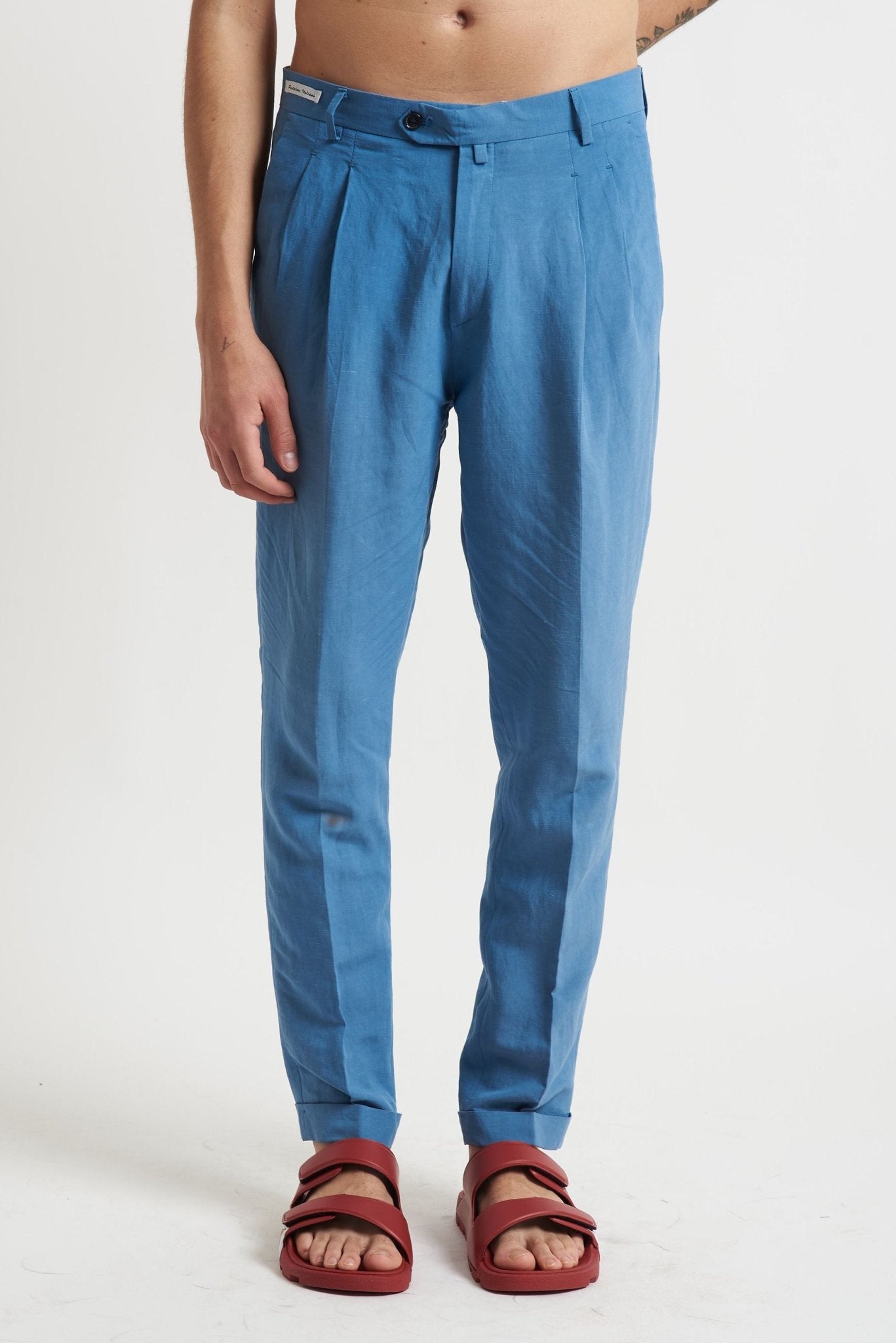 Pantalone con Doppia Pence Tasche America e Risvoltino Cucito in Tencel e Lino - De Matteo Uomo