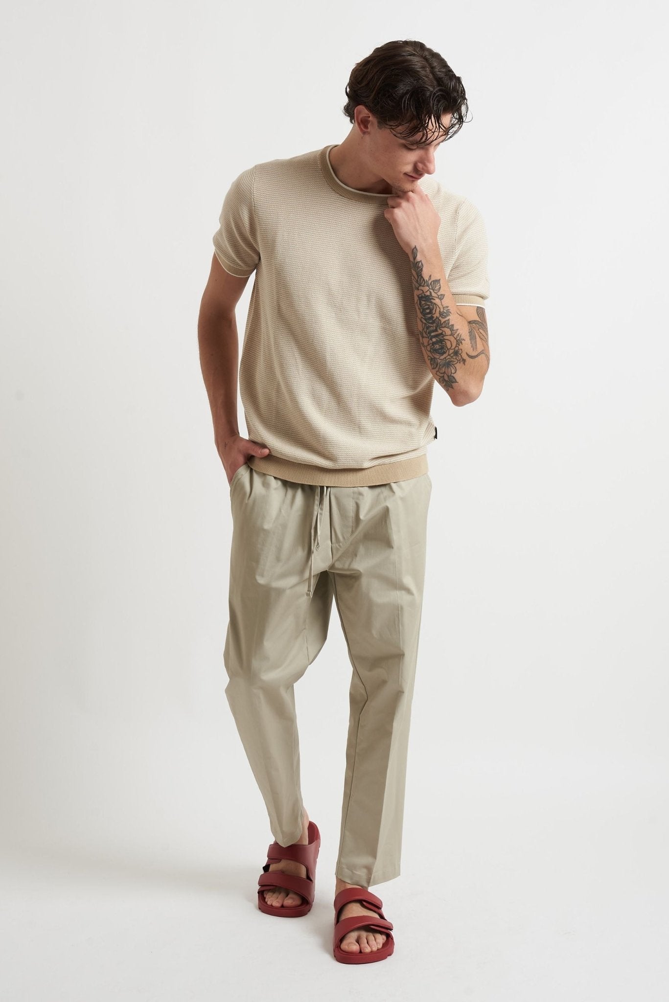 Pantalone in Cotone Stretch con Vita Elasticizzata e Laccio Interno - De Matteo Uomo