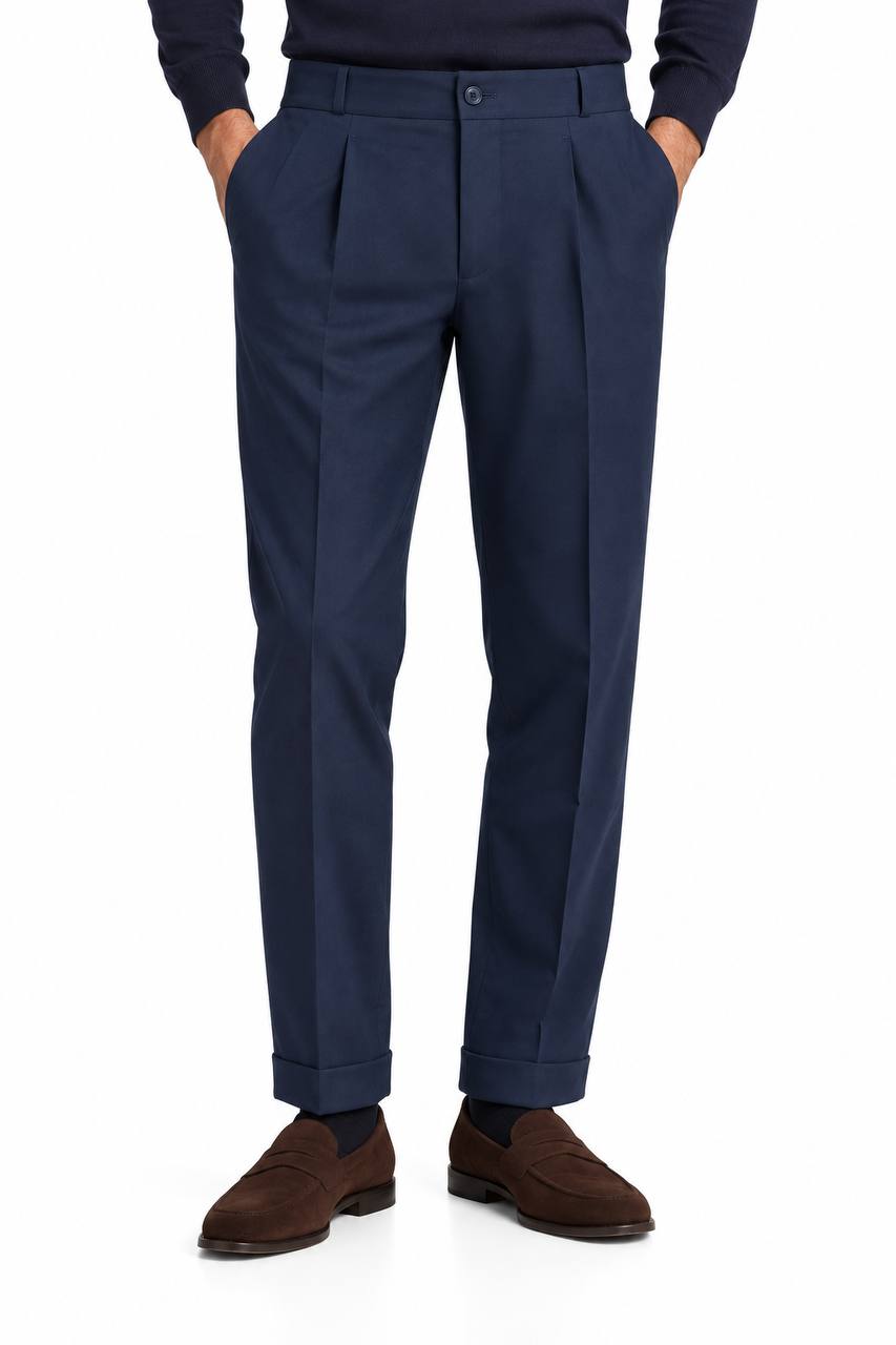 Pantalone Uomo Blu con Pence e Risvoltino - De Matteo Uomo