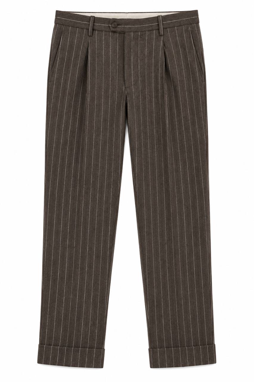 Pantalone Uomo Gessato Marrone con Pence e Risvoltino - De Matteo Uomo