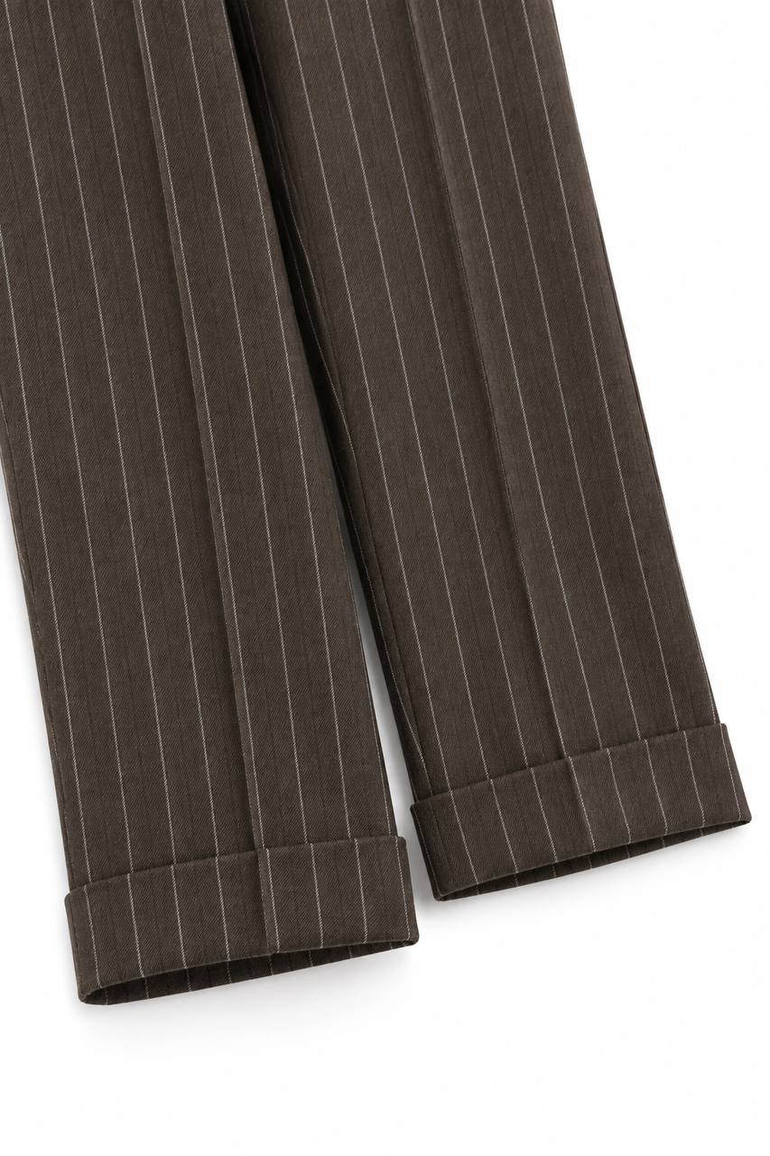 Pantalone Uomo Gessato Marrone con Pence e Risvoltino - De Matteo Uomo