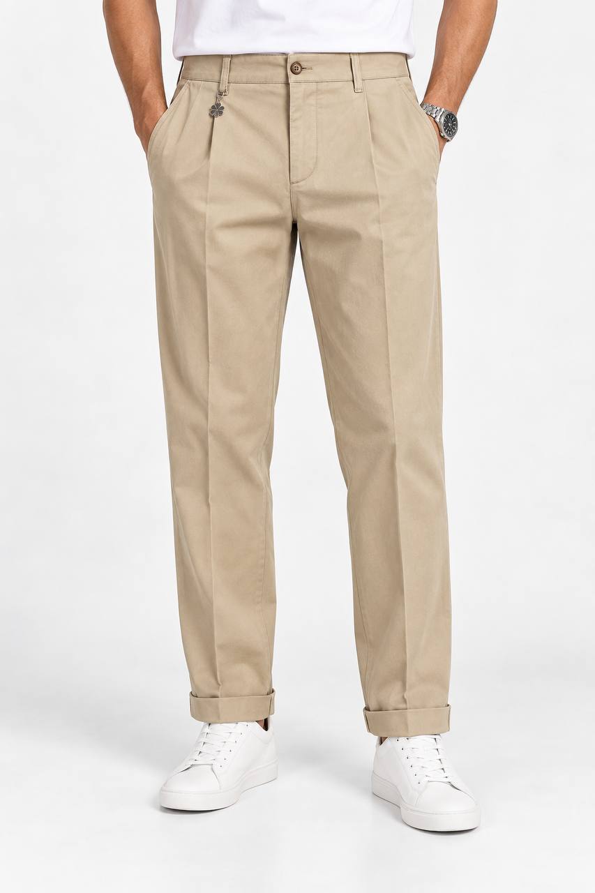 Pantalone Uomo con Pence e Risvoltino Cucito in 100% Cotone