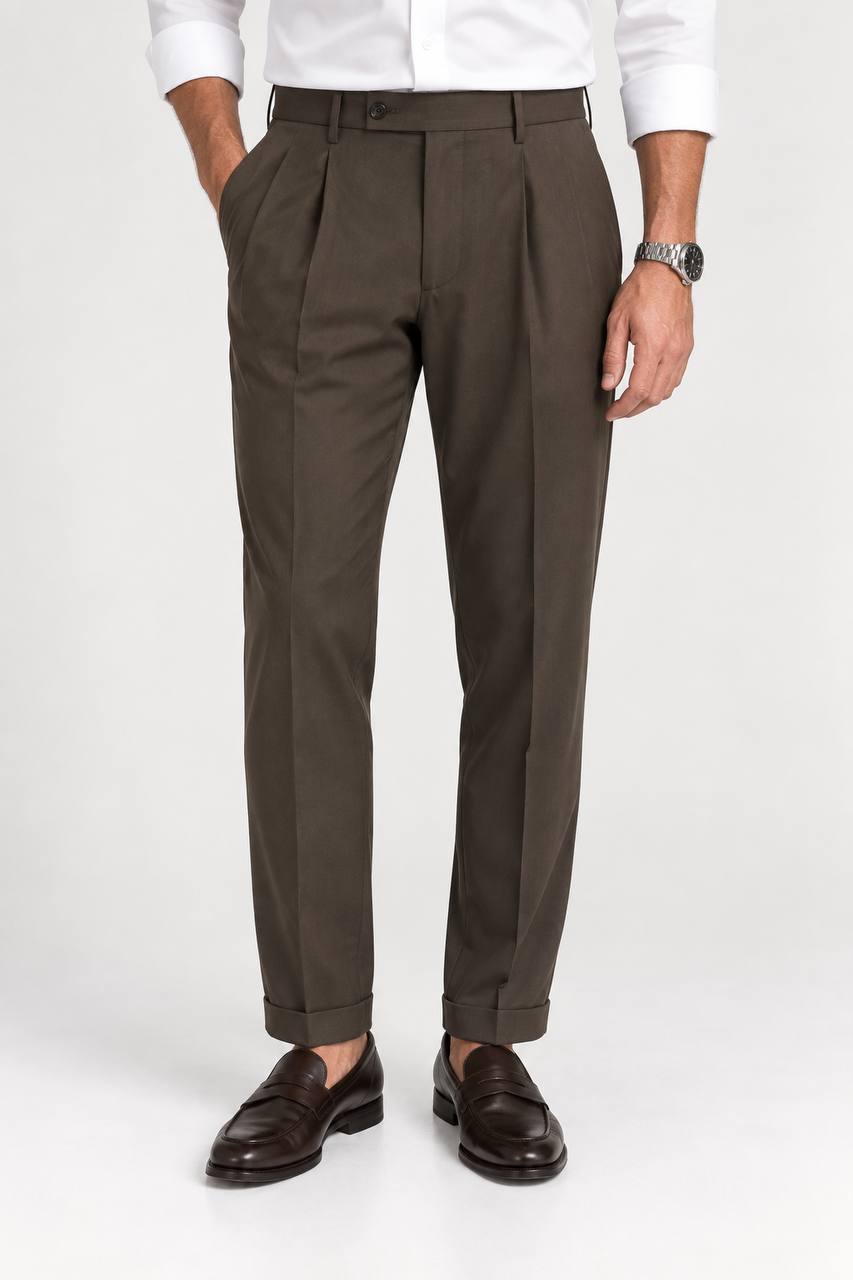 Pantalone Uomo con Doppia Pence, Elastico Interno e Risvoltino