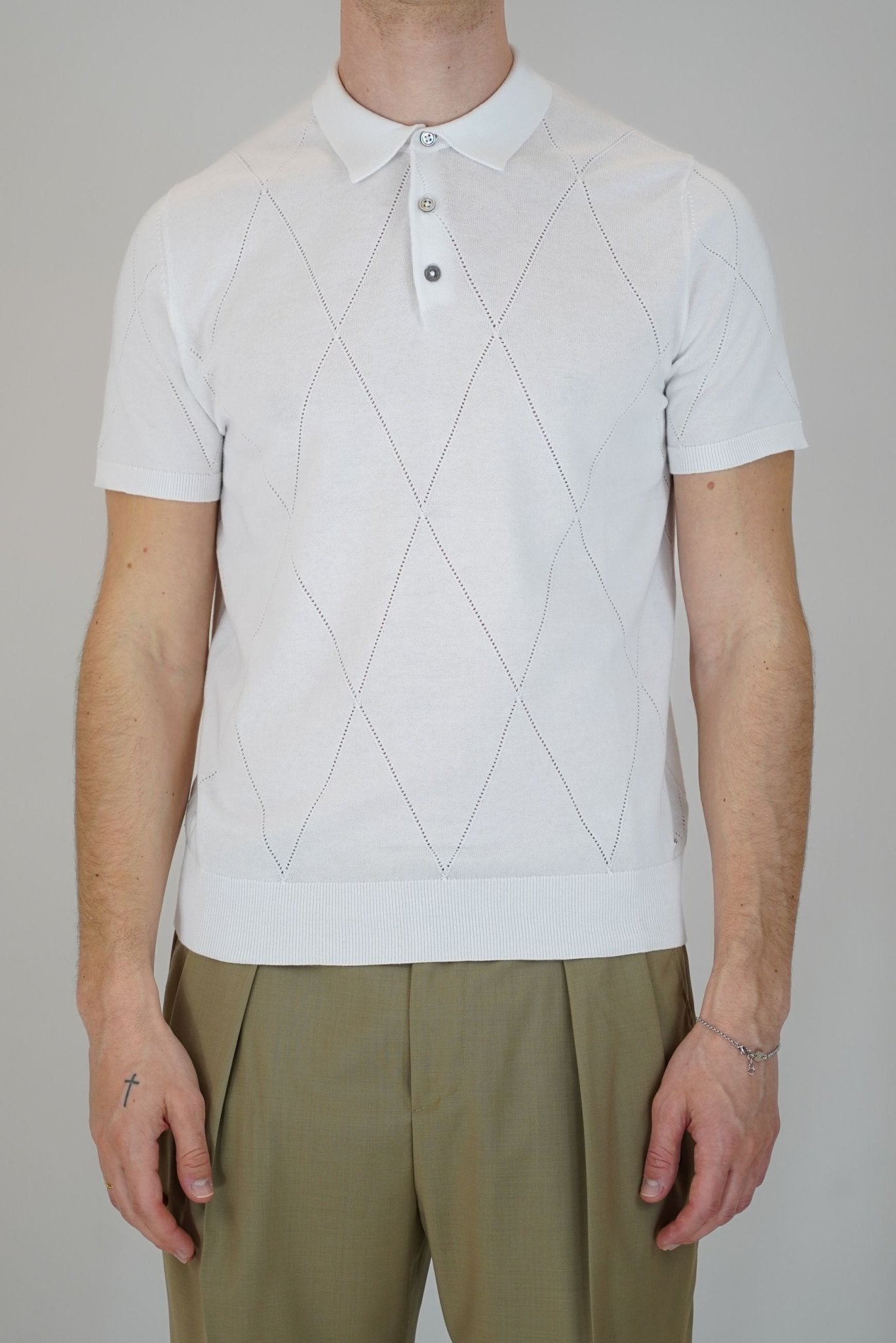 Polo in Maglia Manica Corta Traforata con Fantasia a Rombo - De Matteo Uomo