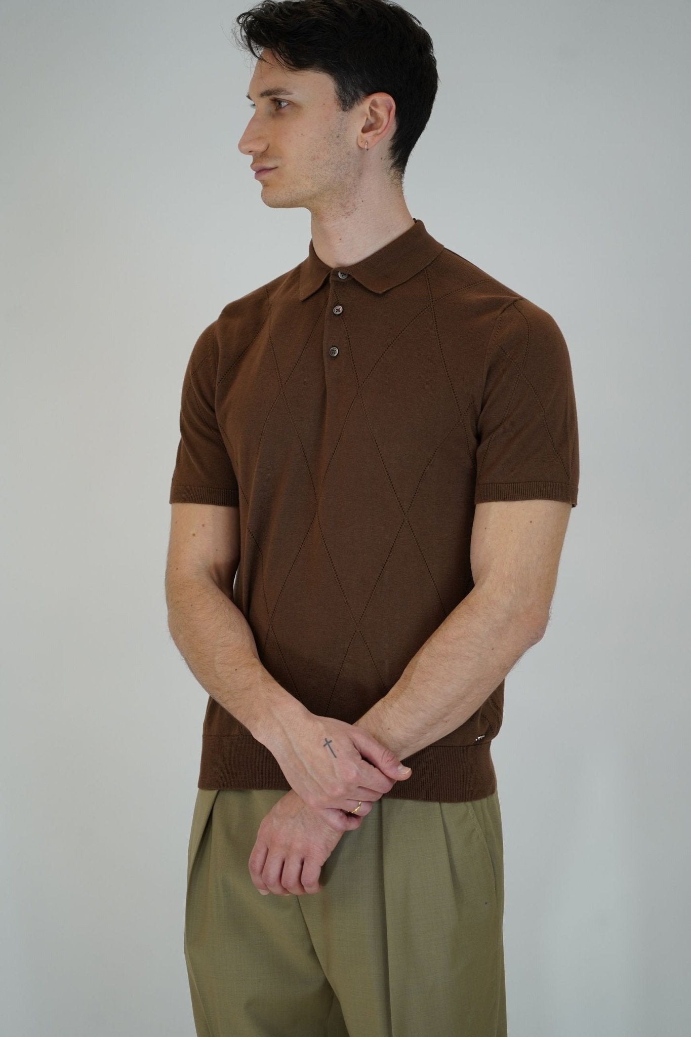 Polo in Maglia Manica Corta Traforata con Fantasia a Rombo - De Matteo Uomo