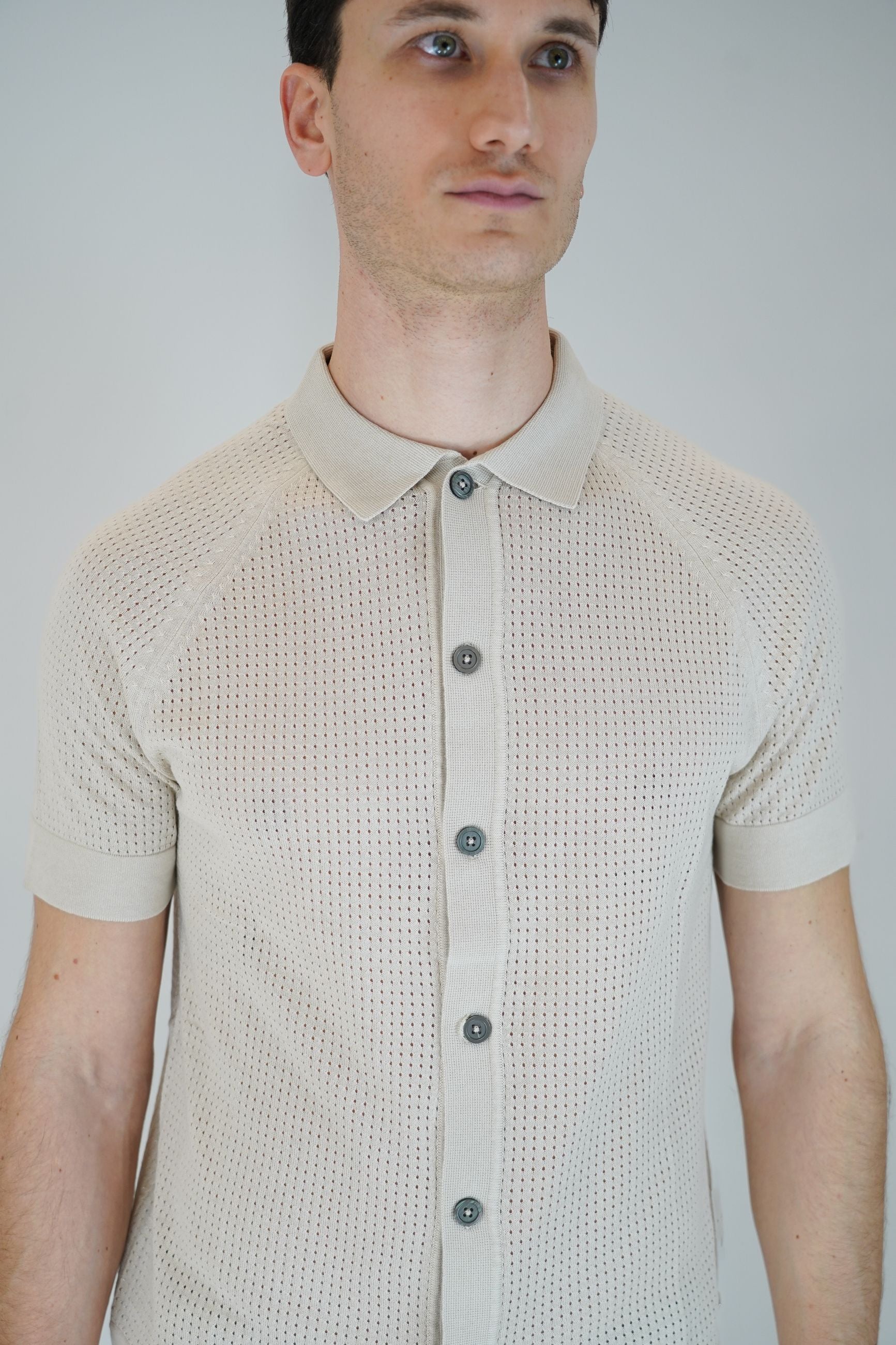 Polo Cardigan in Maglia a Manica Corta con Bottoni in Madreperla