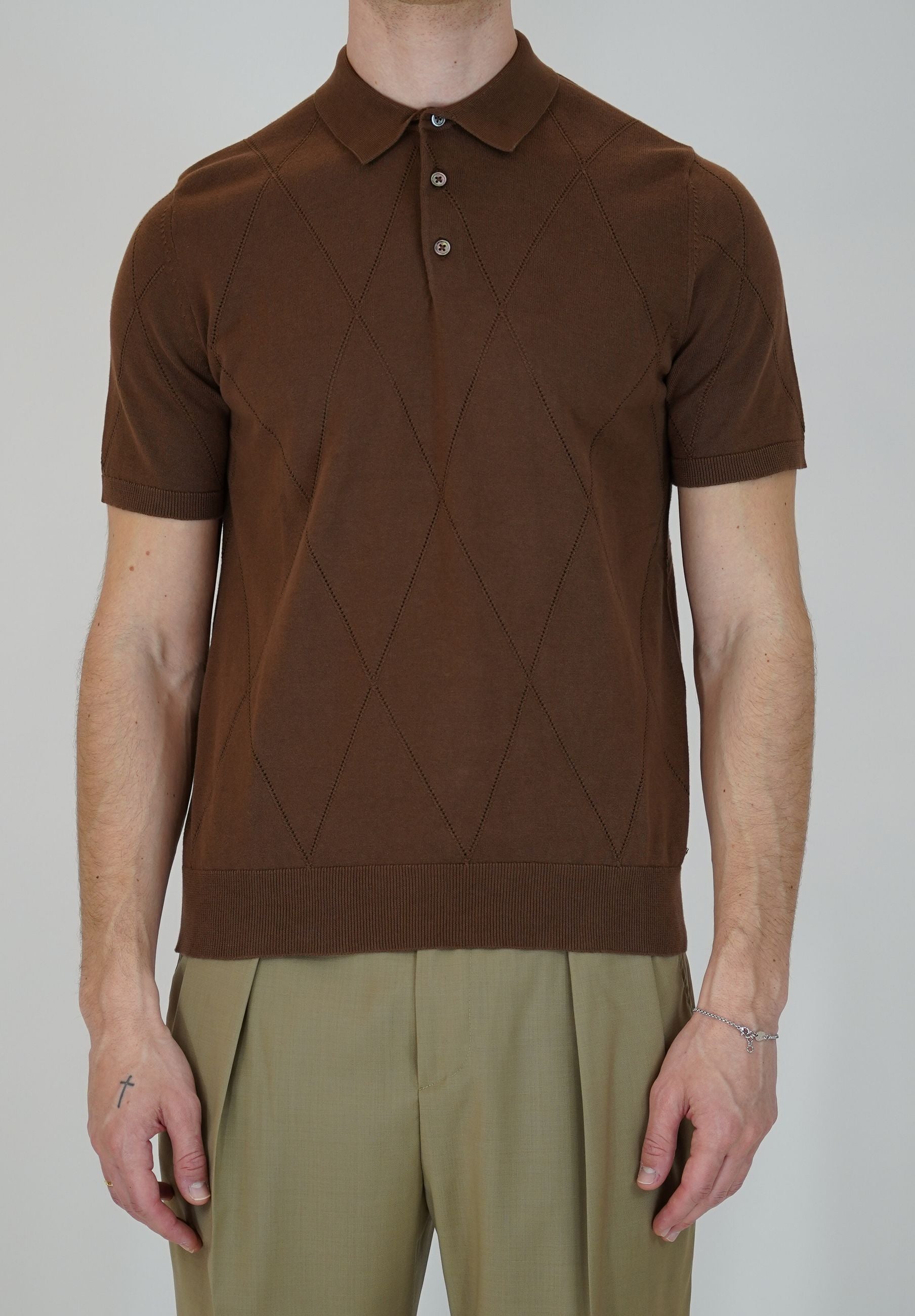 Polo in Maglia Manica Corta Traforata con Fantasia a Rombo