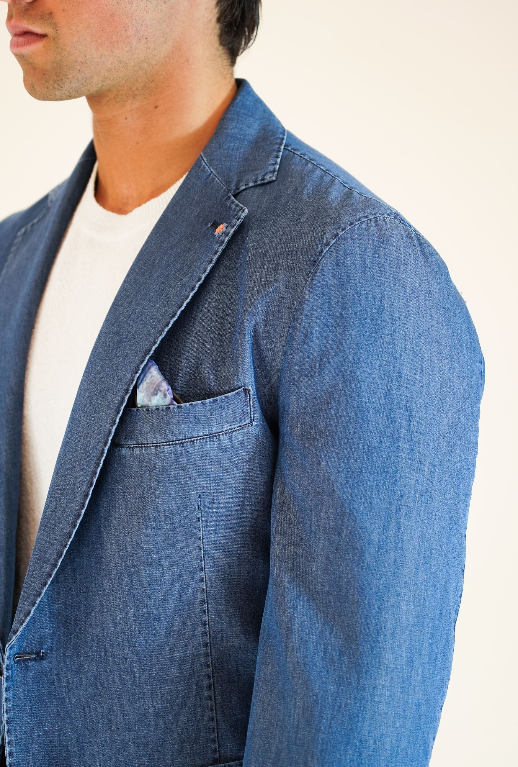 Giacca Monopetto in Cotone Effetto Jeans con 2 Bottoni e Rever Classico
