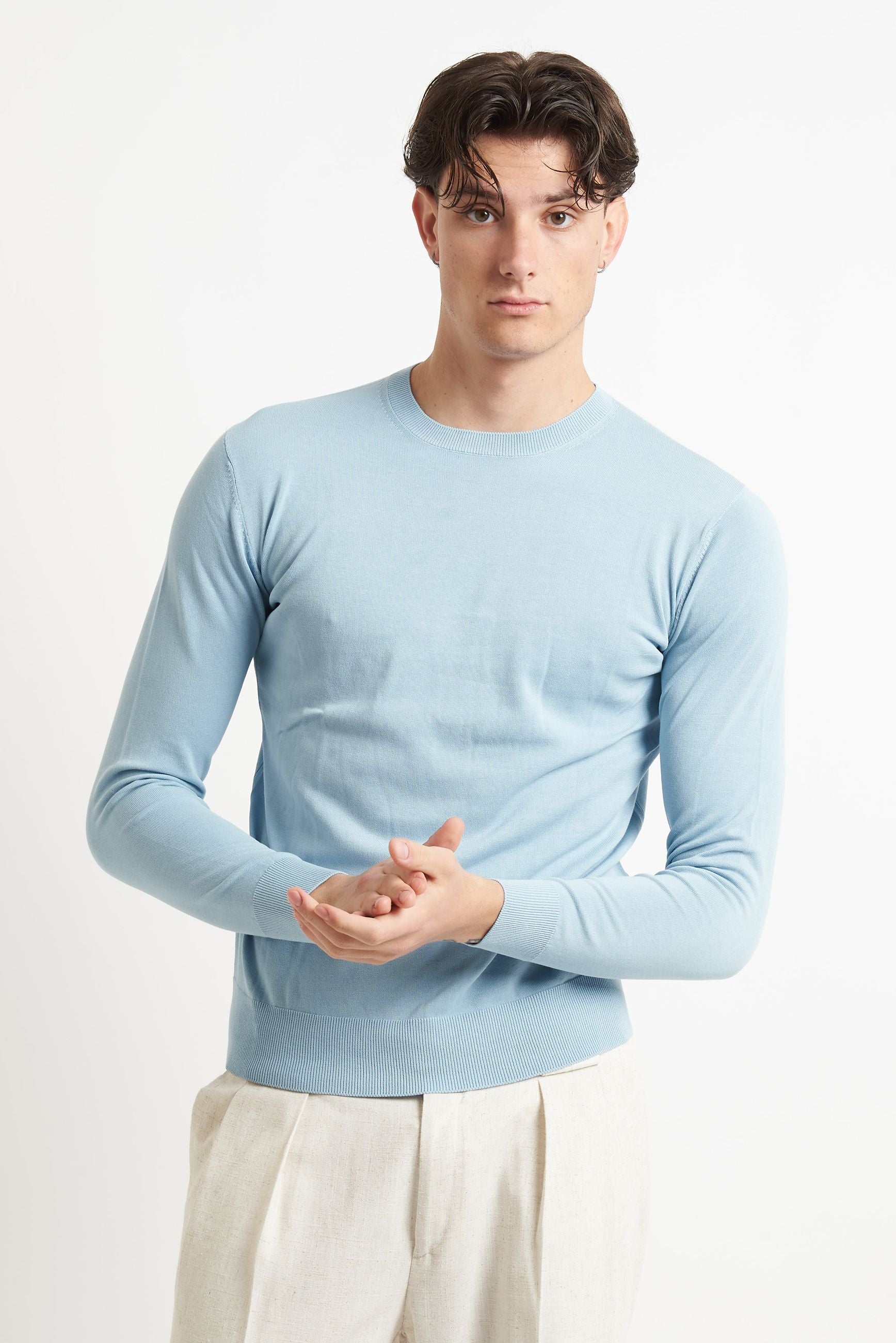 Maglia Girocollo Manica Lunga in Cotone con Polsi e Fondo Elasticizzati