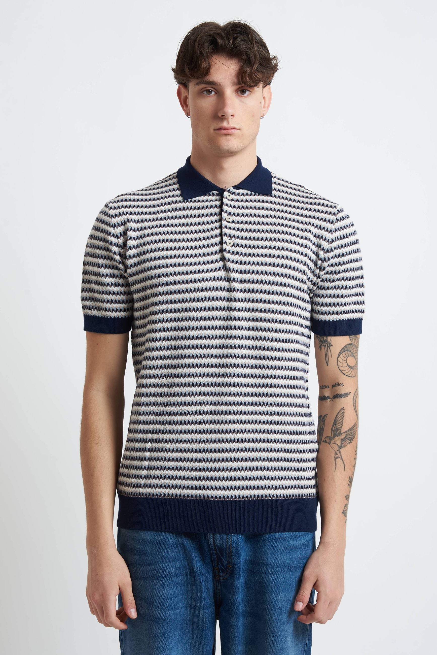 Polo in Maglia con Fantasia Zig Zag in Cotone m517