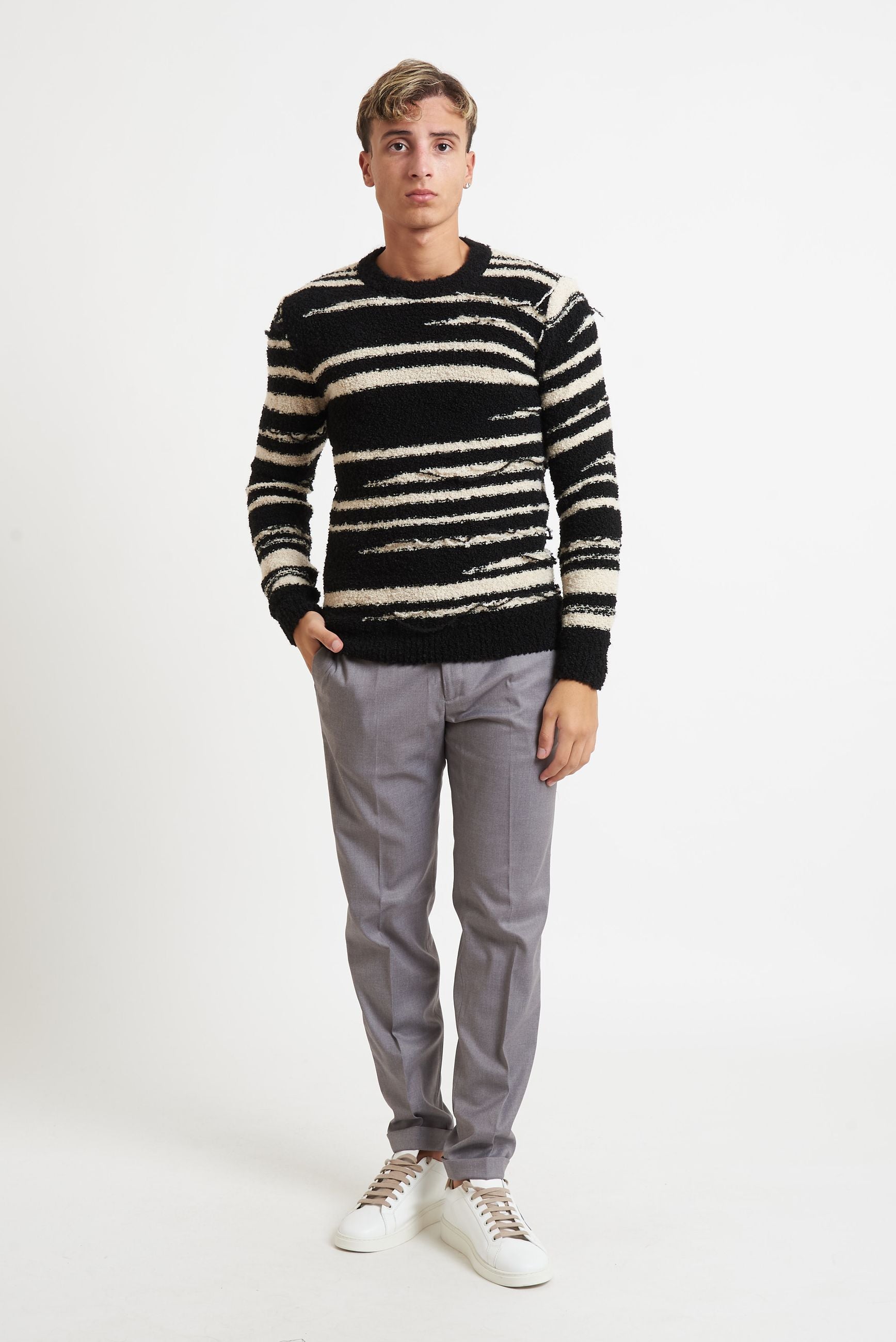 prime homme Maglia Girocollo Uomo a Righe Orizzontali con Effetto Sfilato ma133