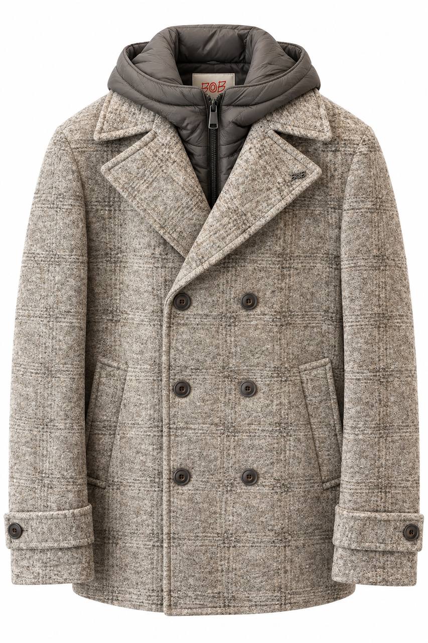 Pea Coat Uomo Doppiopetto con Pettorina e Cappuccio Removibile