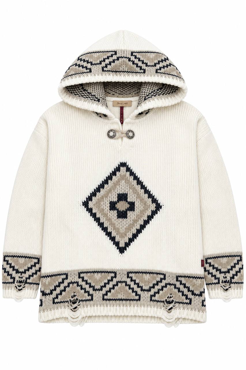 Poncho Uomo Oversize con Cappuccio e Fantasia a Rombo