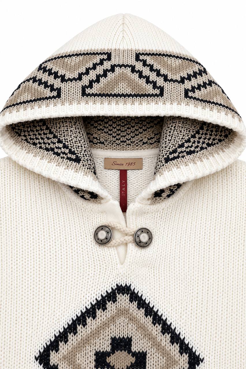 Poncho Uomo Oversize con Cappuccio e Fantasia a Rombo